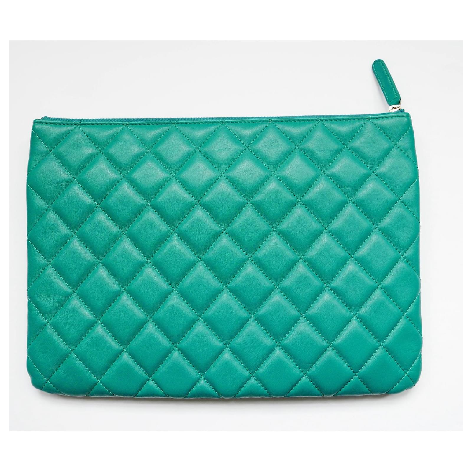 CHANEL Quilted Lambskin Metal Bar Clutch Bag Green 1037643