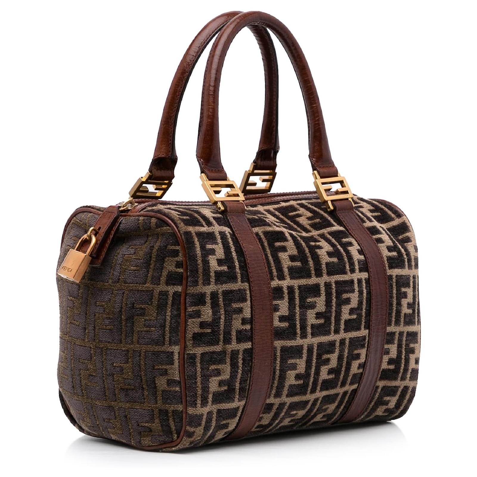 Fendi Leather-Trimmed Zucca Boston Bag - Brown Handle Bags