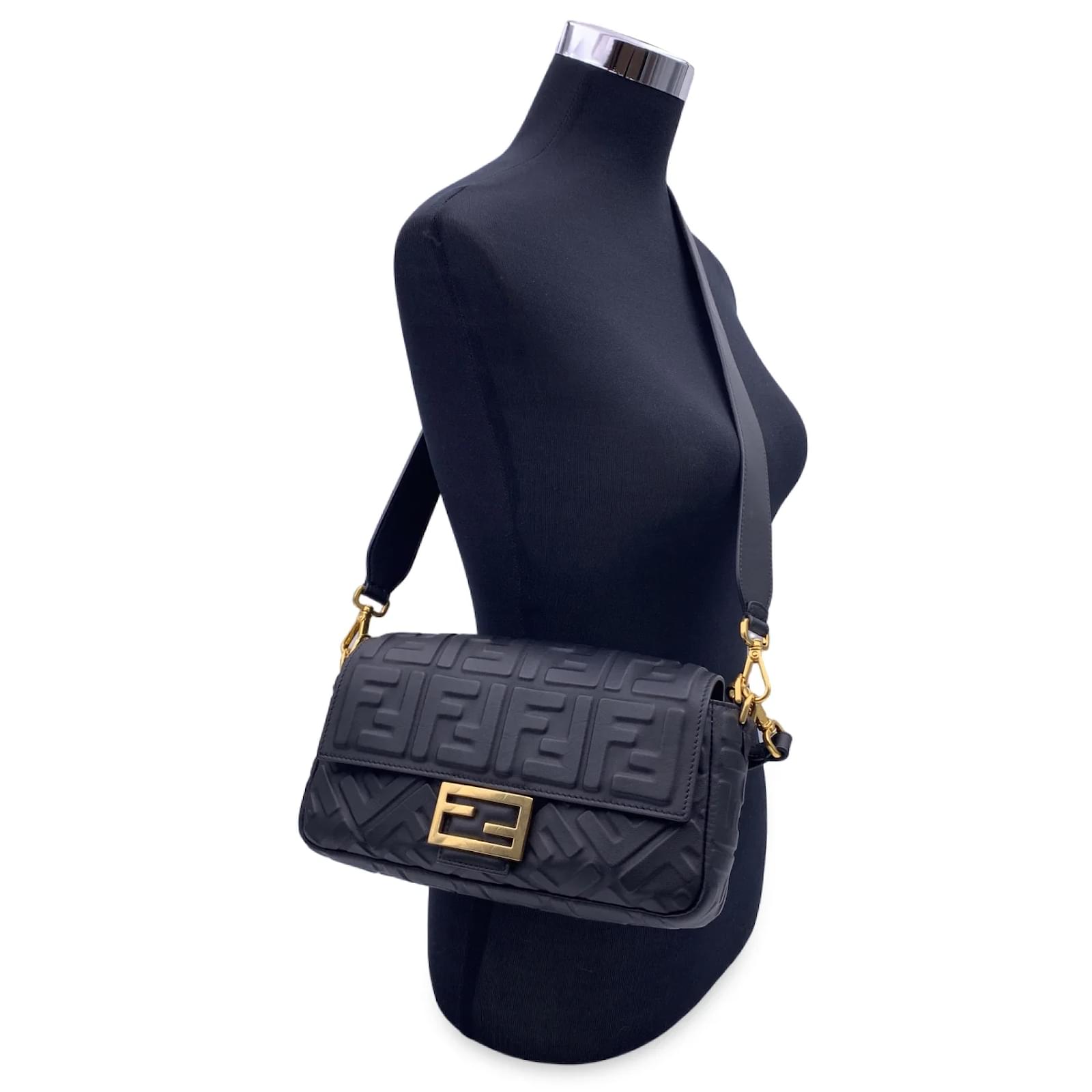 Fendi Black Embossed FF Logo Leather Baguette Shoulder Bag