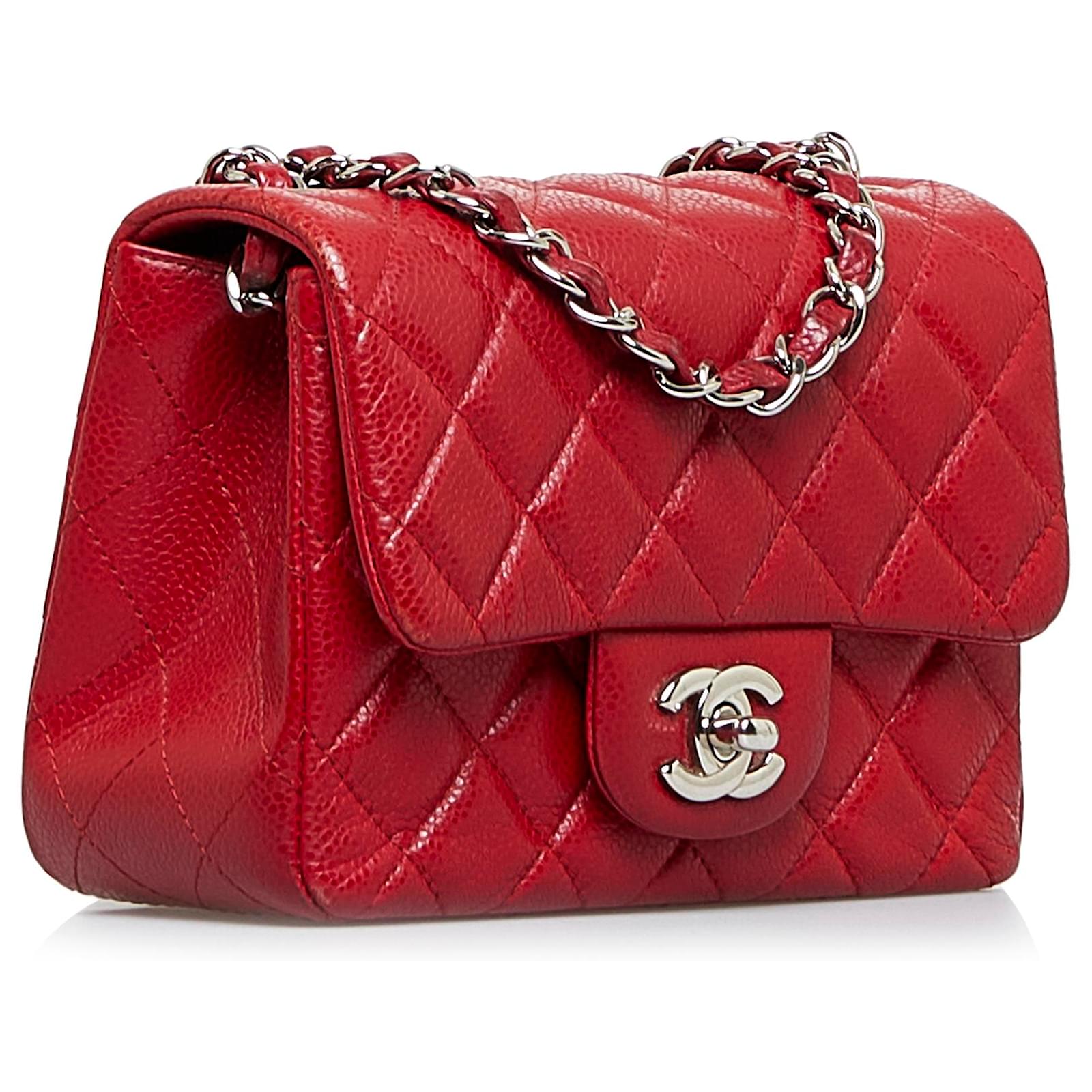 Chanel Square Classic Single Flap Bag Quilted Caviar Mini Red 2200671
