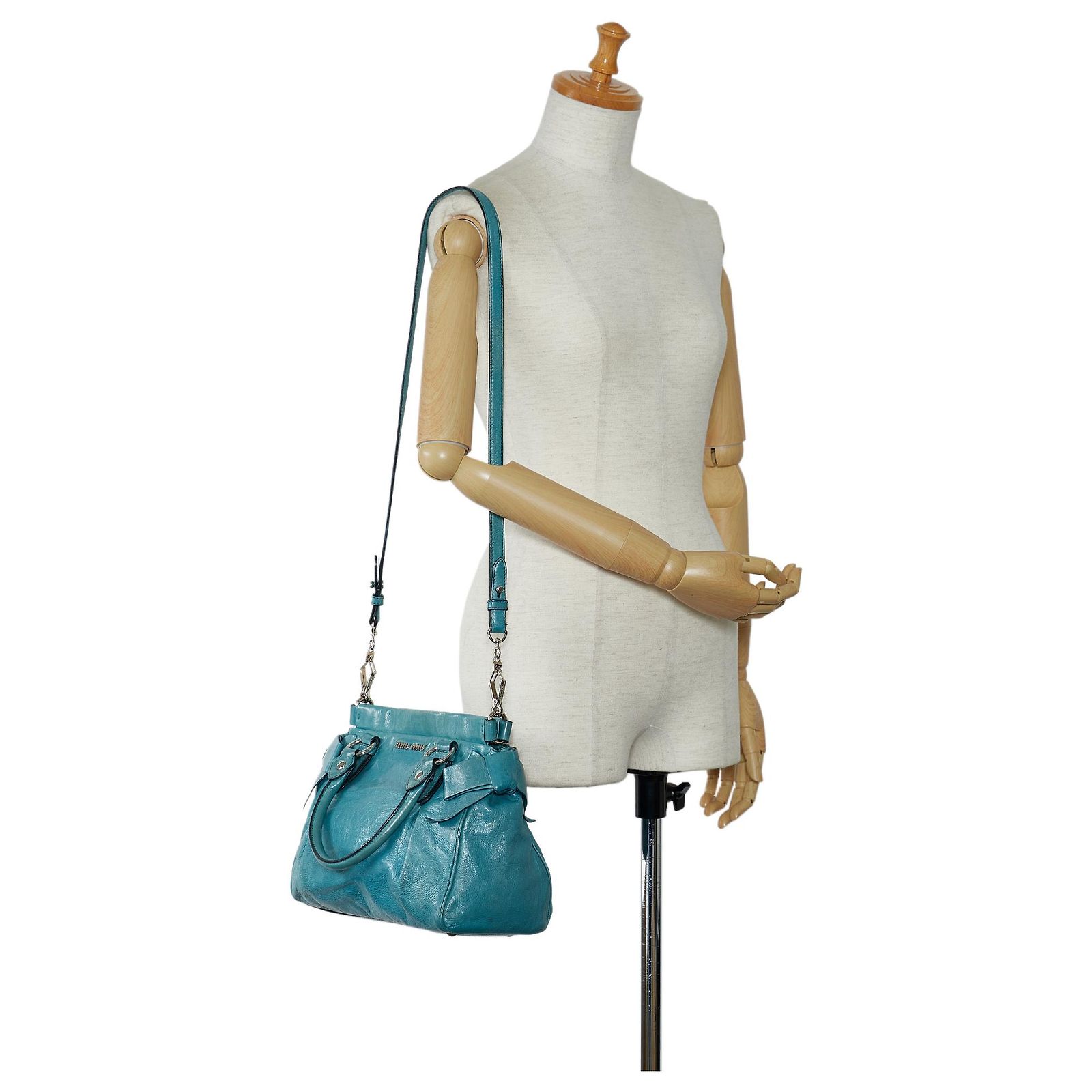 Miu Miu Blue Vitello Lux Bow Satchel Turquoise Leather Pony-style 