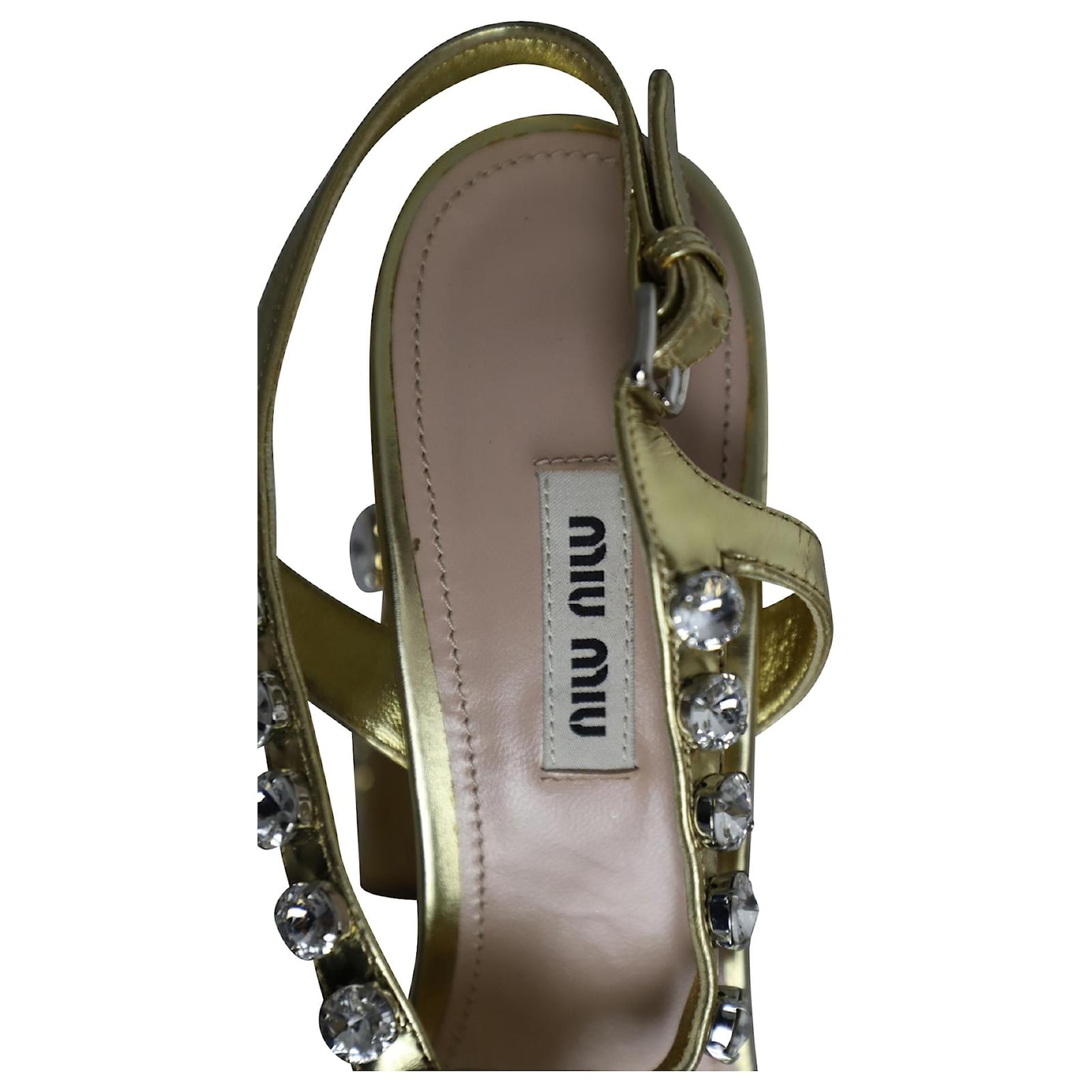 Miu Miu Crystal Embellished Block Heel Sandals in Gold Leather