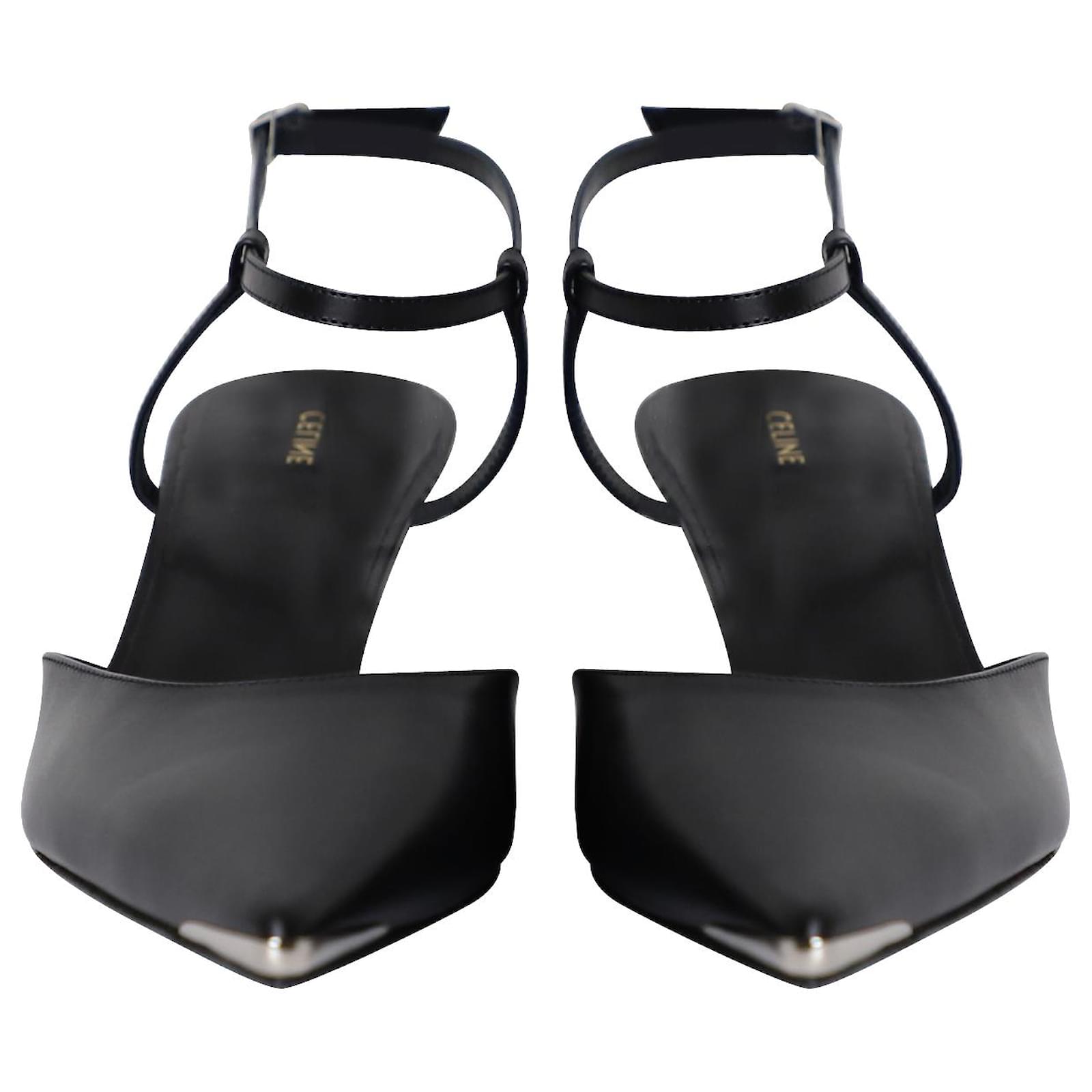 Céline Celine Kitten Heels Slingback Pumps w/ Metal Toe in Black