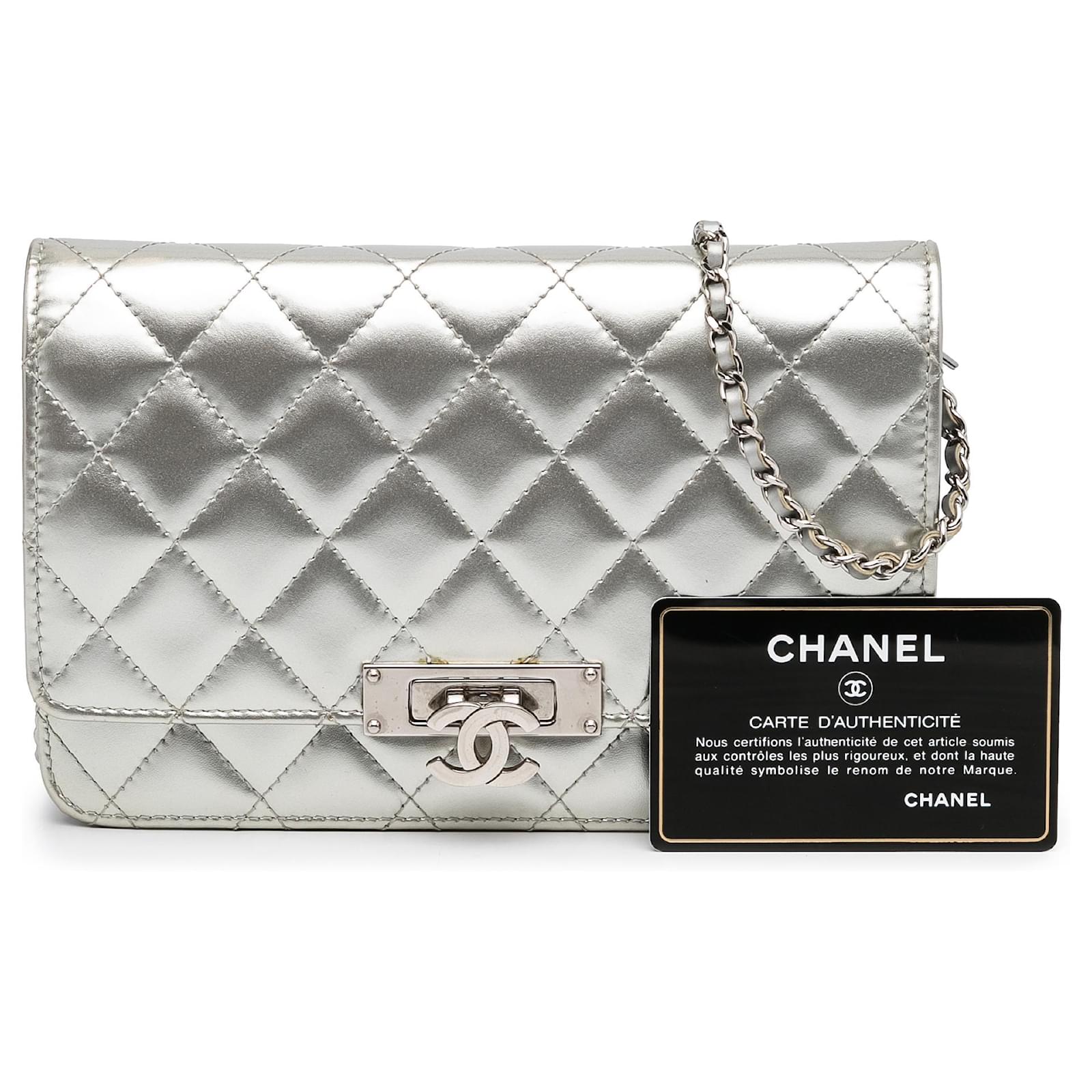 Chanel Silver Patent Quilted Golden Class Double CC Wallet on