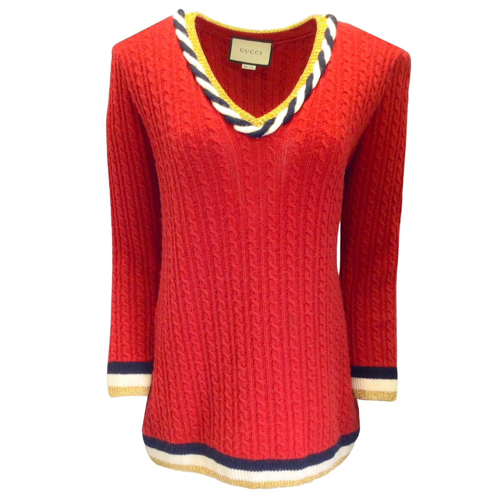 Gucci Red Ivory Navy Blue Gold Metallic Braided Trim Long Sleeved