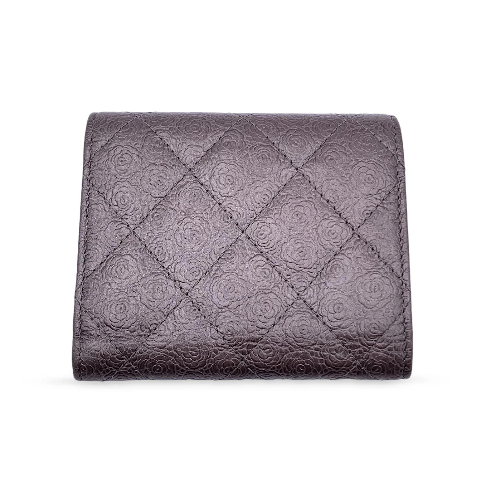 Chanel Grey Quilted Leather Camellia Pattern Compact Tri Fold