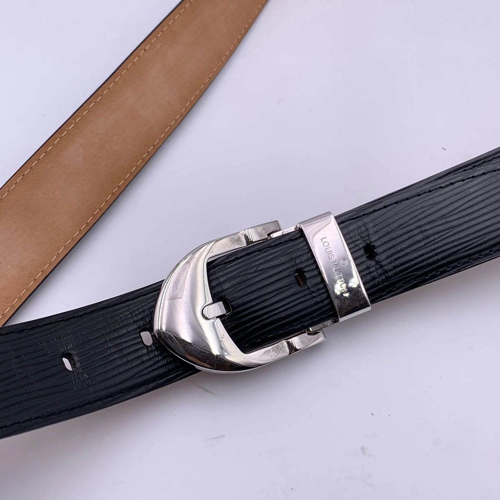 Louis Vuitton Vintage Black Epi Belt Silver Metal Buckle 