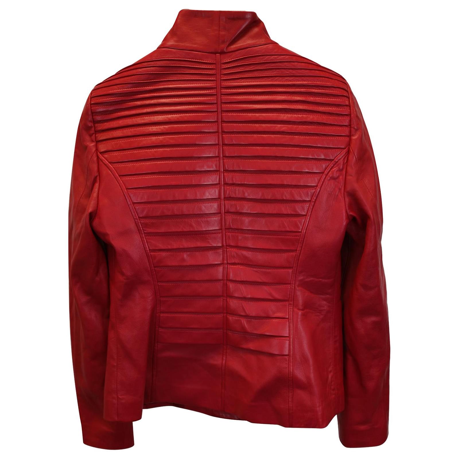 Red lamb leather high neck bomber jacket｜メンズ