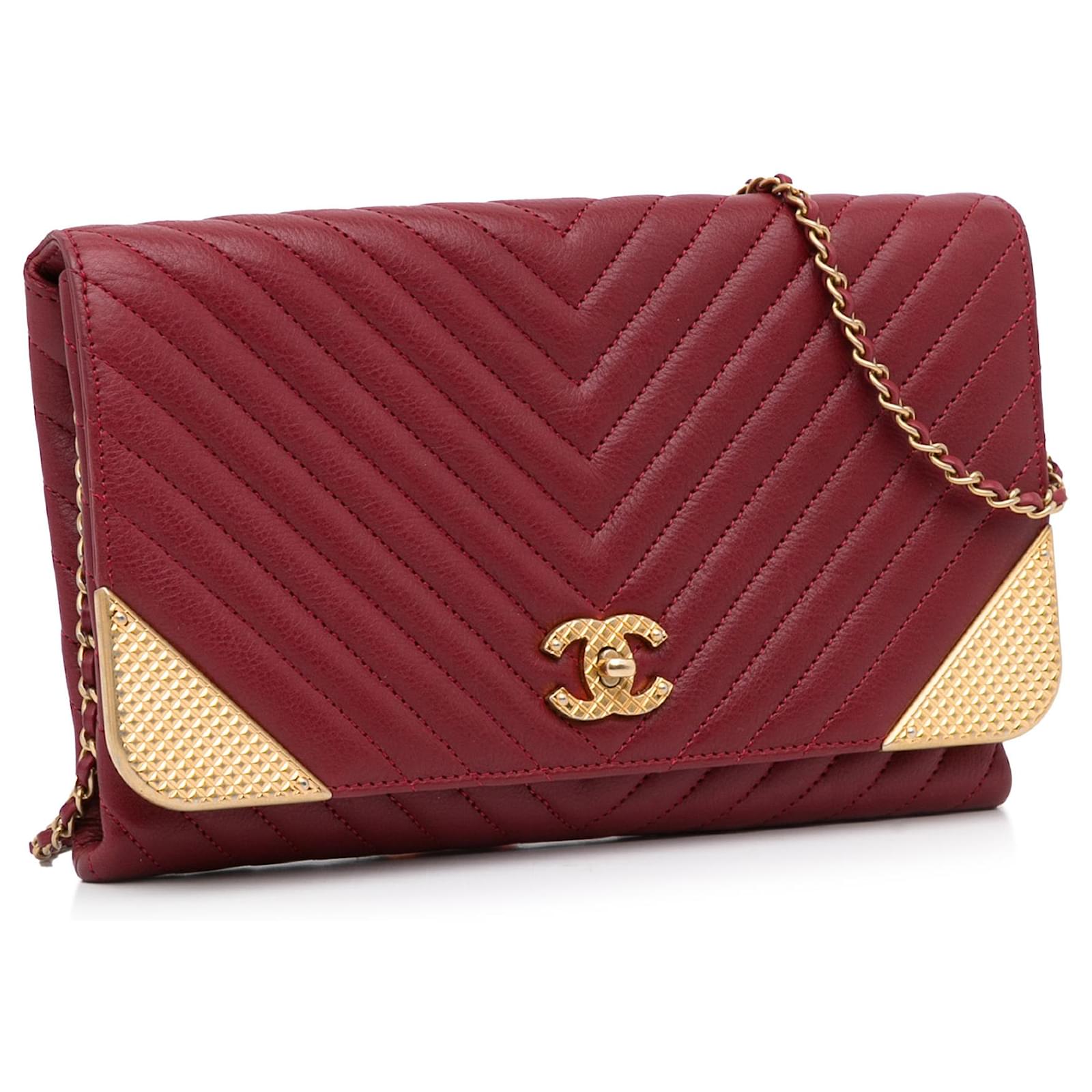 CHANEL Chevron Envelope Flap Lambskin Leather Shoulder Bag Red-US