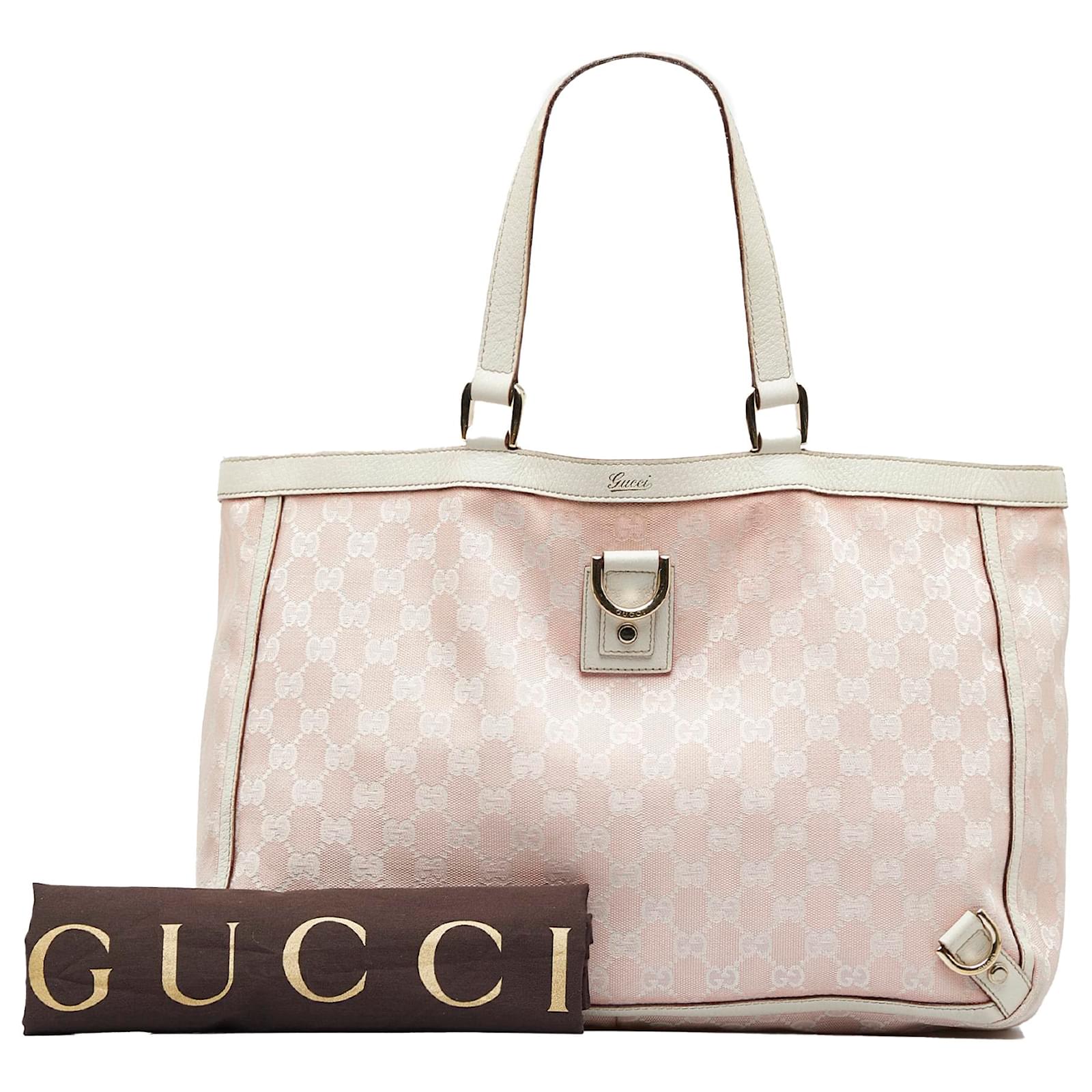 Gucci Pink GG Canvas Abbey D Ring Tote Bag White Leather Cloth