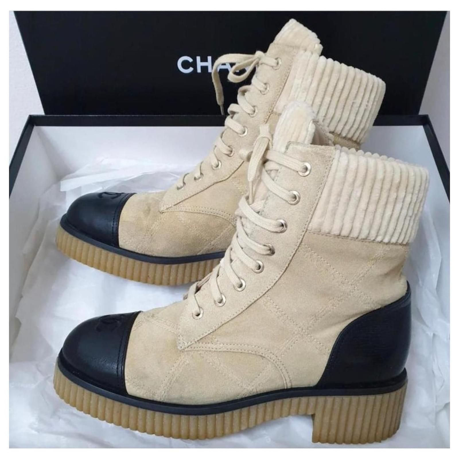Ankle Boots Chanel Chanel 20b Beige Black Quilted CC Platform Combat Lace Up Ankle Short Boot
