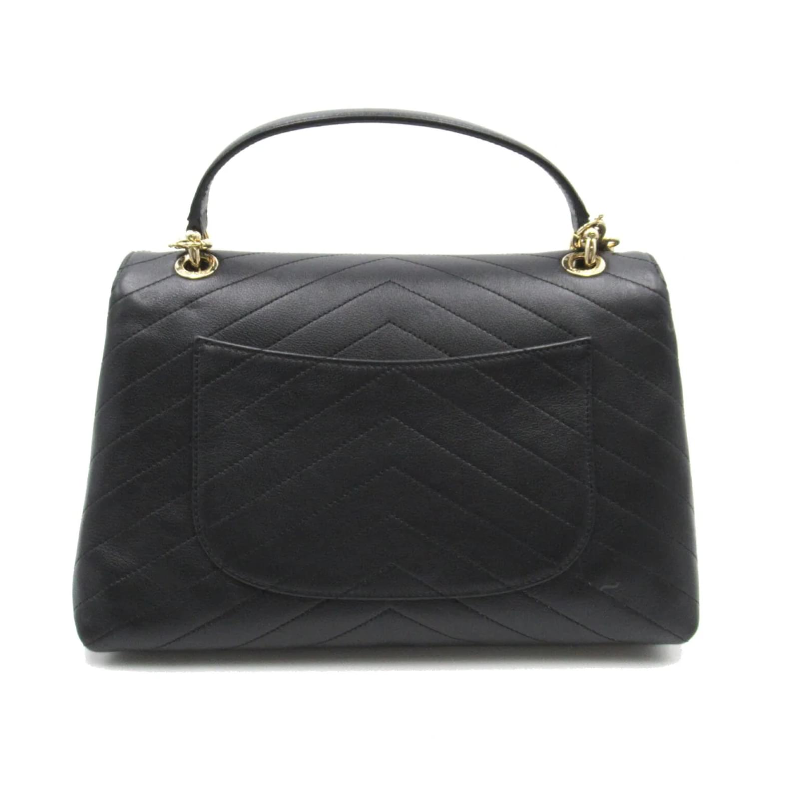 Chanel CC Chevron Leather Chic Top Handle Flap Bag Black Pony