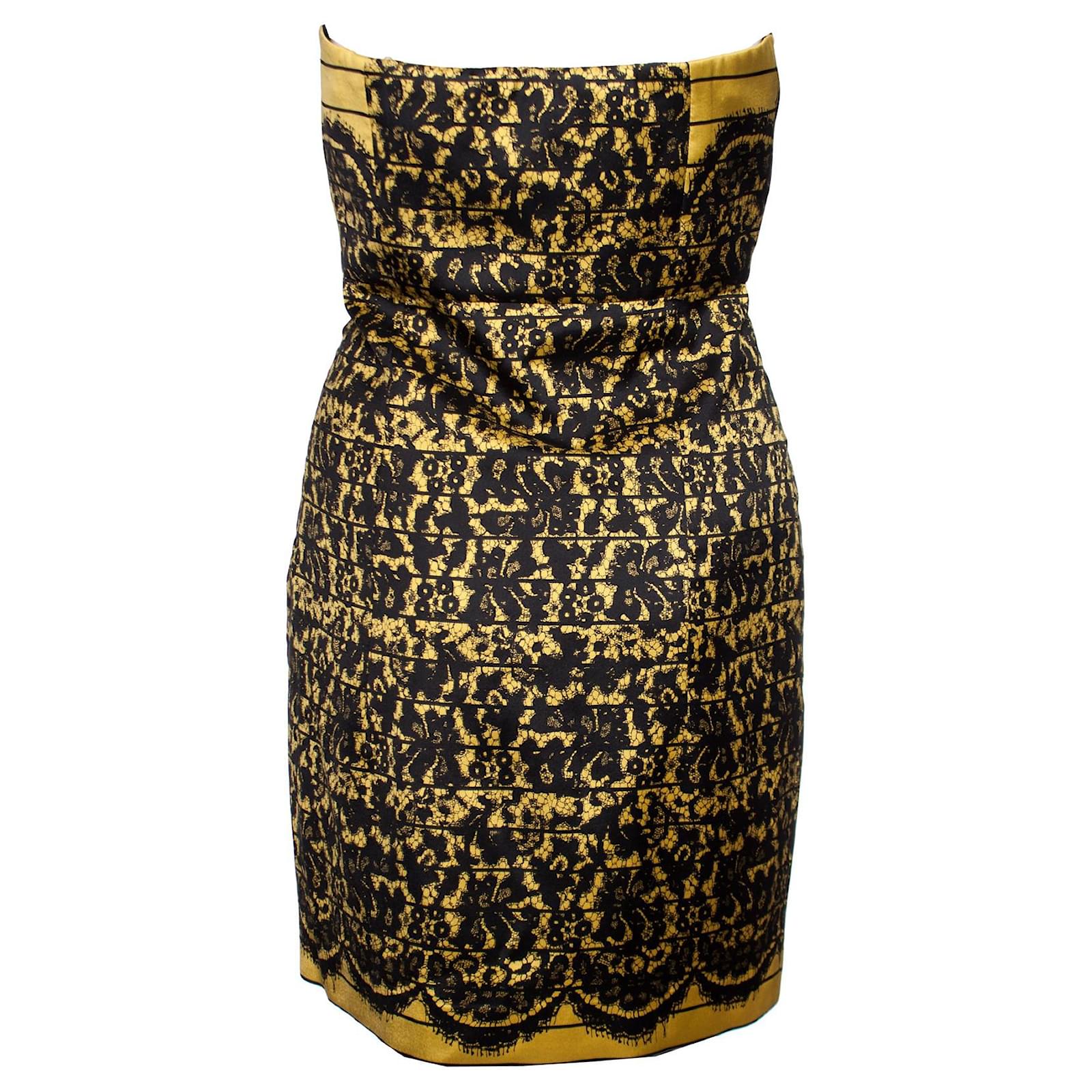 Tibi, Strapless dress with lace print Black Yellow Silk Wool ref.1002496 -  Joli Closet