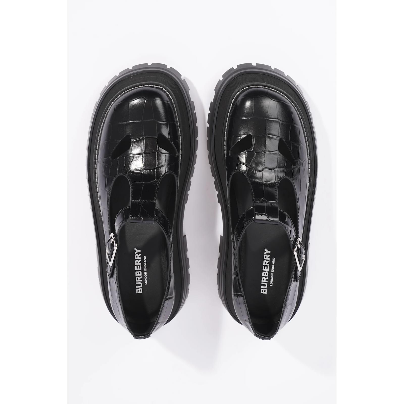 Burberry Womens Aldwych Flats Black Embossed Leather EU3 UK