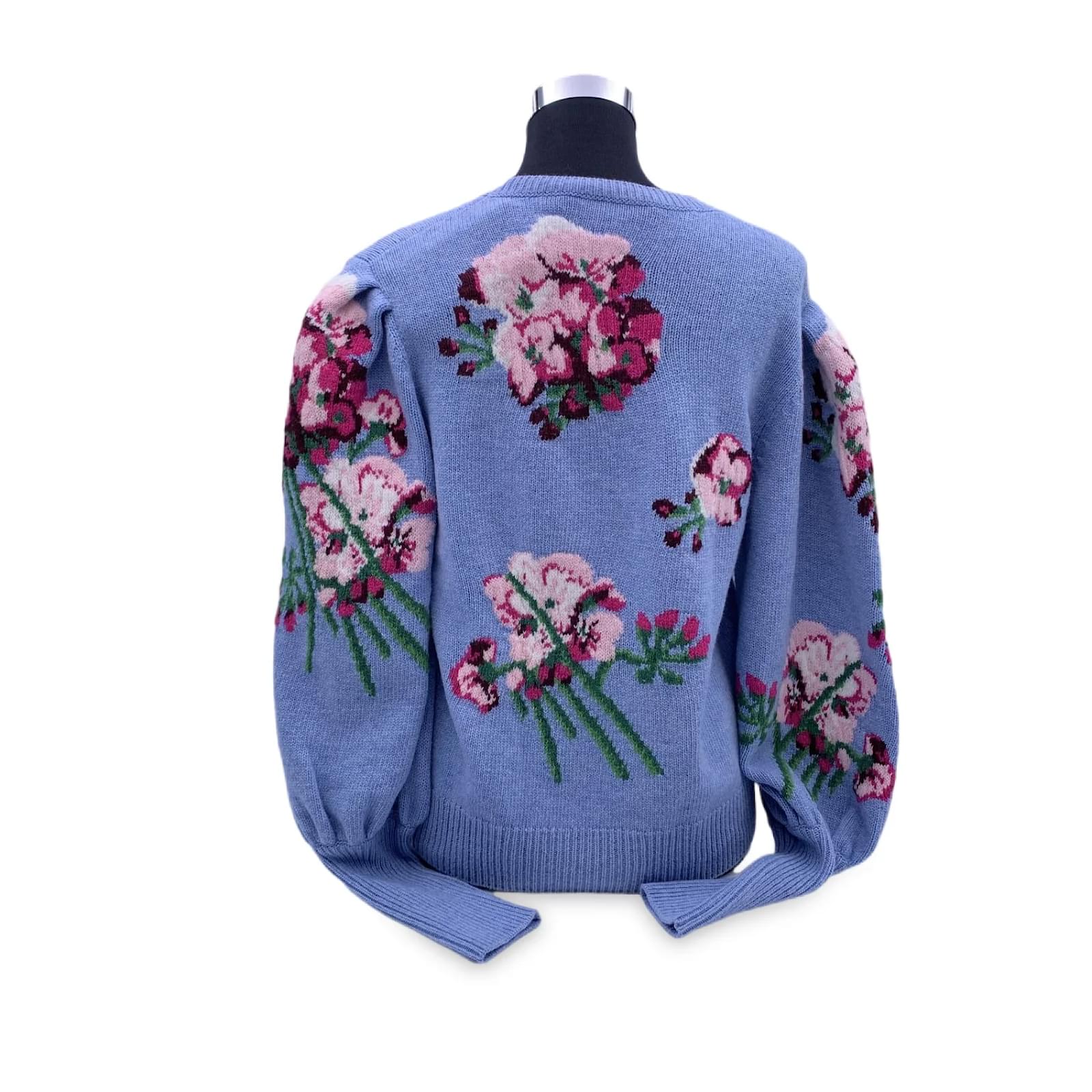 Gucci Light Blue Wool Intarsia Flowers Sweater Size L ref.972320
