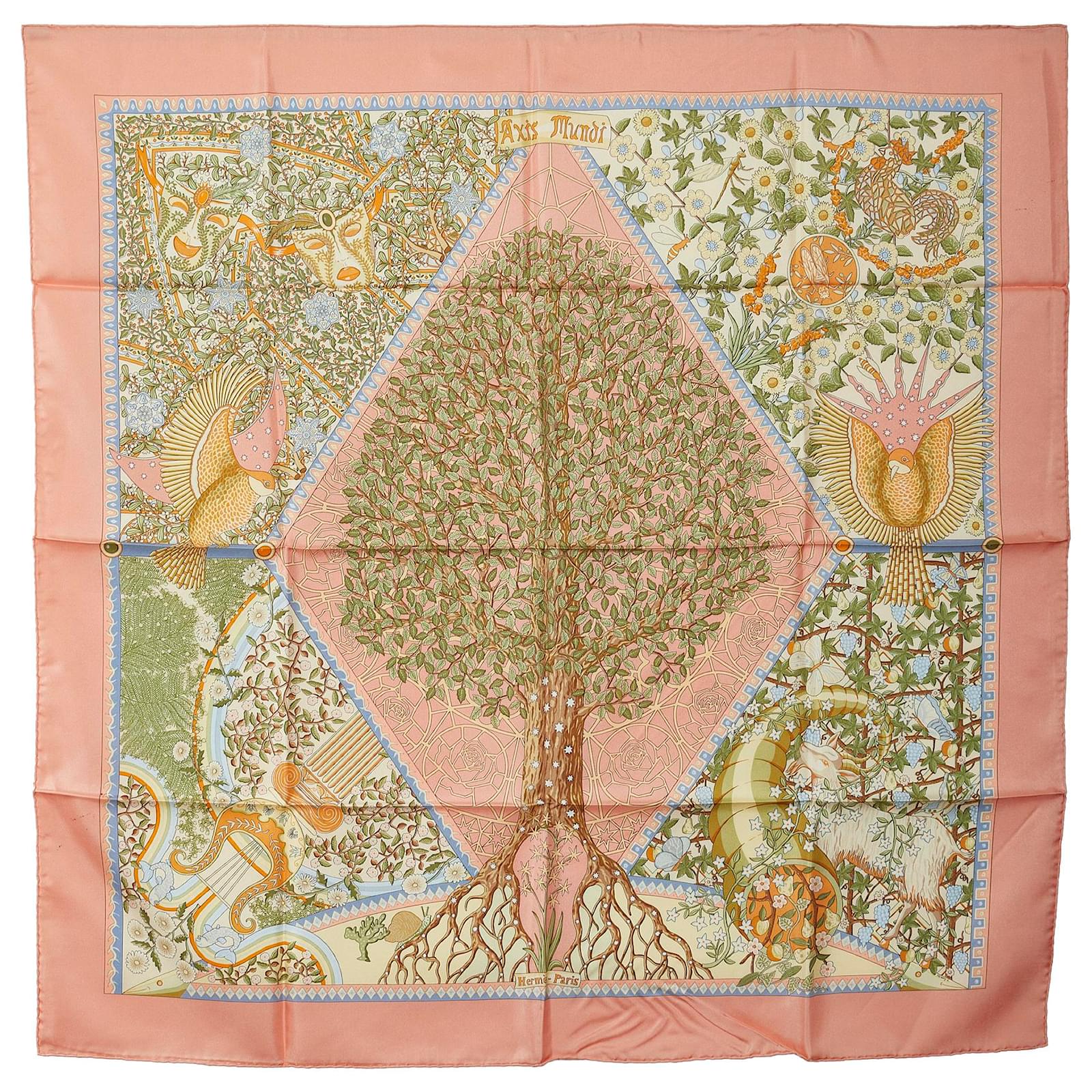 HERMES Calle 90 silk AXIS MUNDI Axis Mundi The central axis of the world Bird Tree scarf Coral