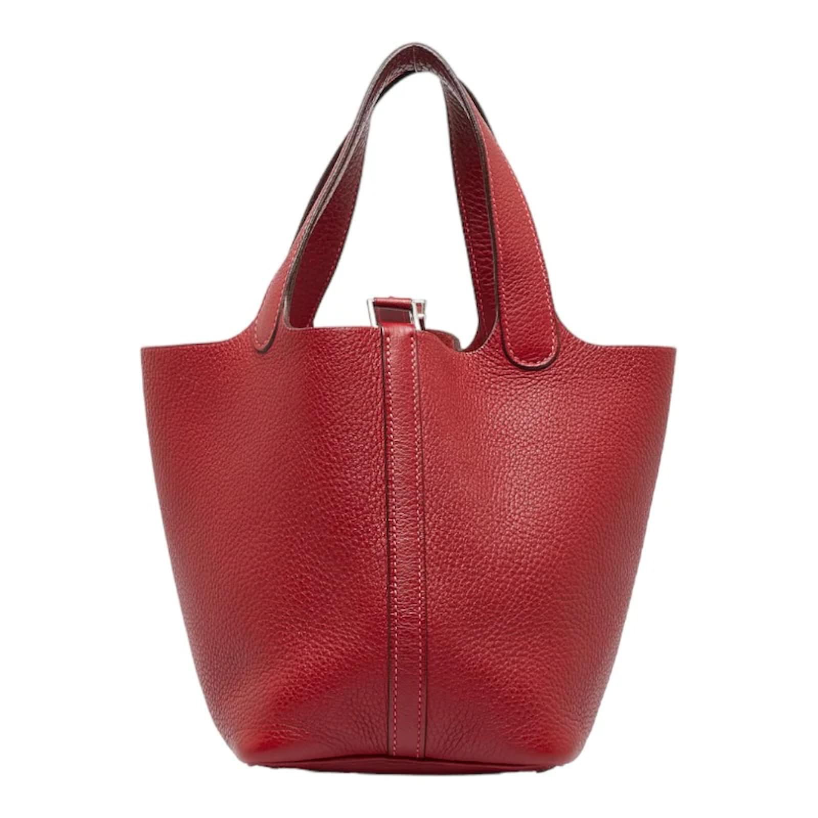 Hermes Vermillion Red Clemence Leather Picotin PM Bag.  Luxury