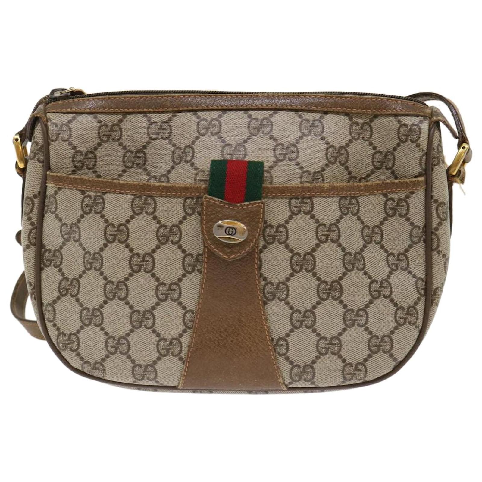 Gucci Web Sherry Line GG Canvas Shoulder Bag PVC Leather Beige Green Auth rd4502