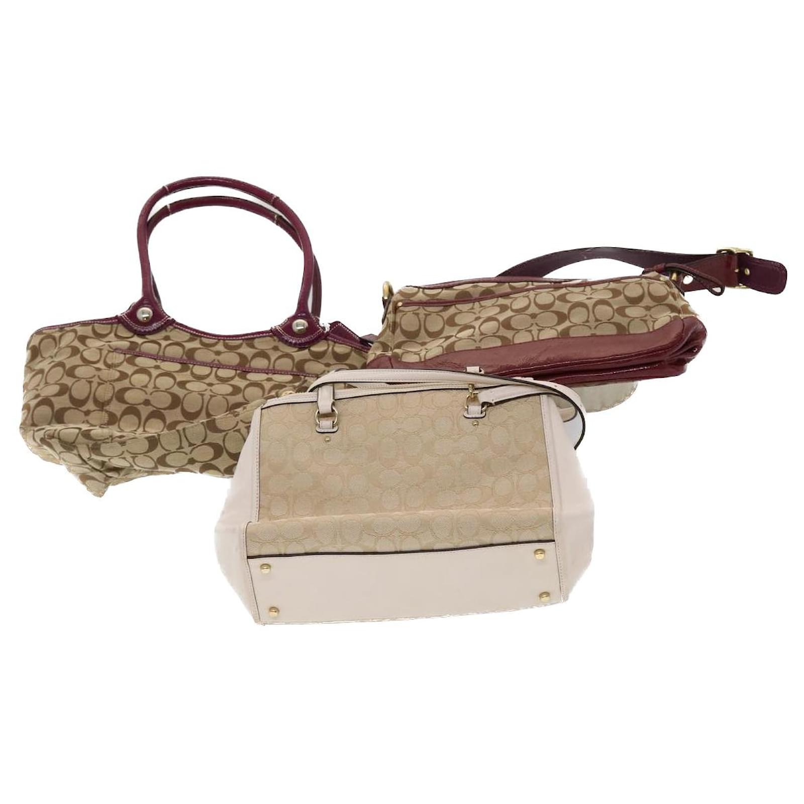 Coach Signature Shoulder Bag Canvas 3Set Wine Red Beige white Auth