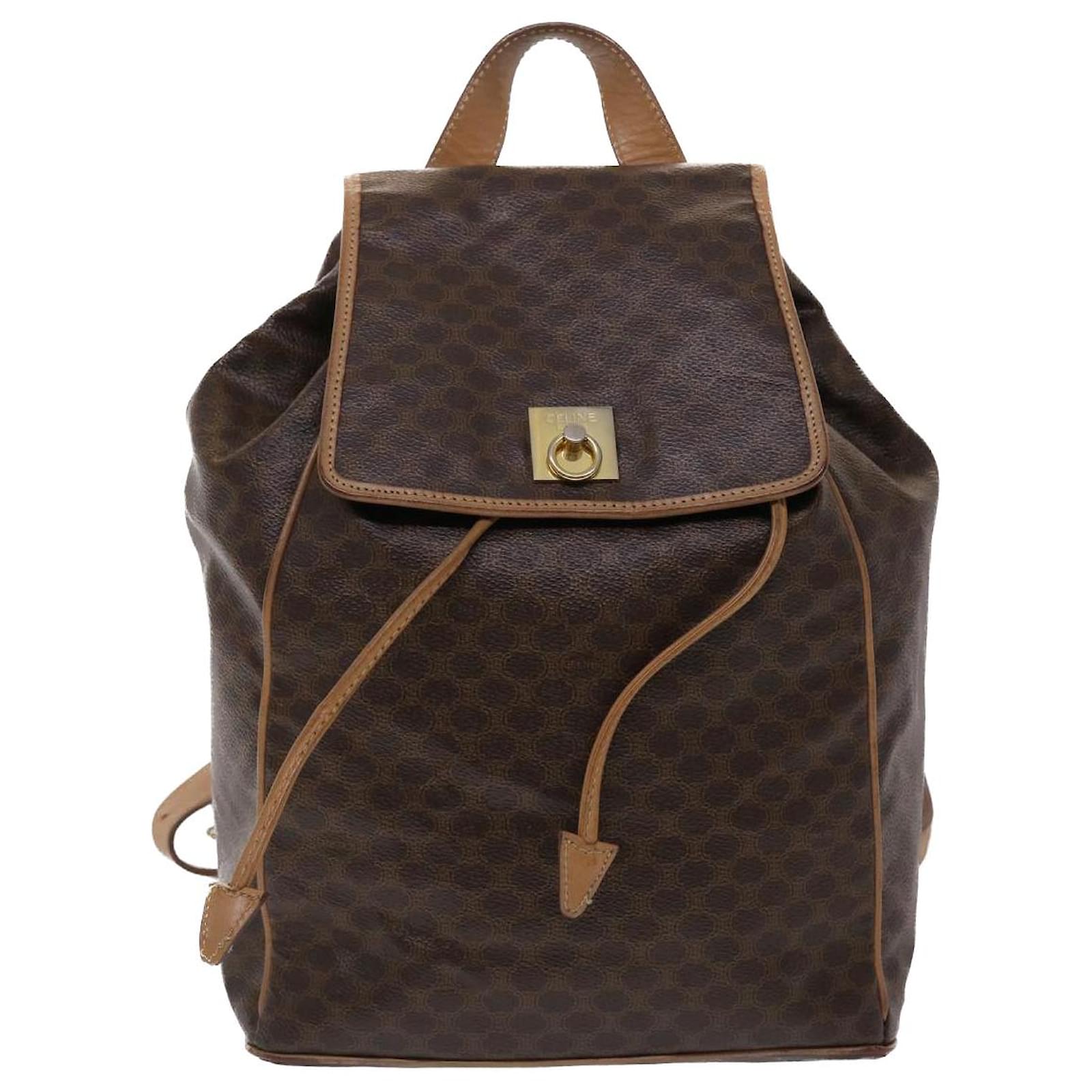 C line CELINE Macadam Canvas Backpack PVC Leather Brown Auth