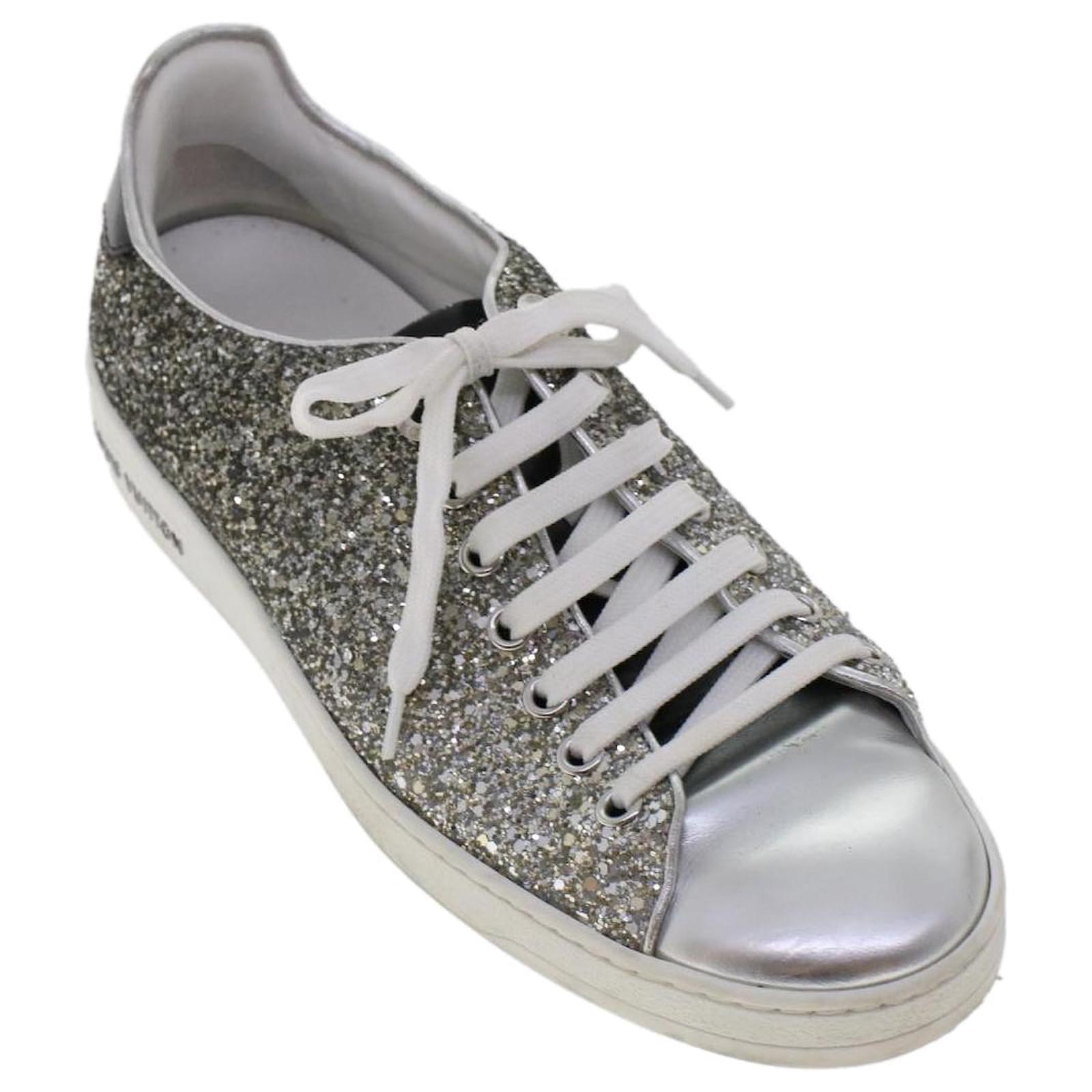 LOUIS VUITTON Front Low Line Glitter Sneakers Leather 38.5 Silver