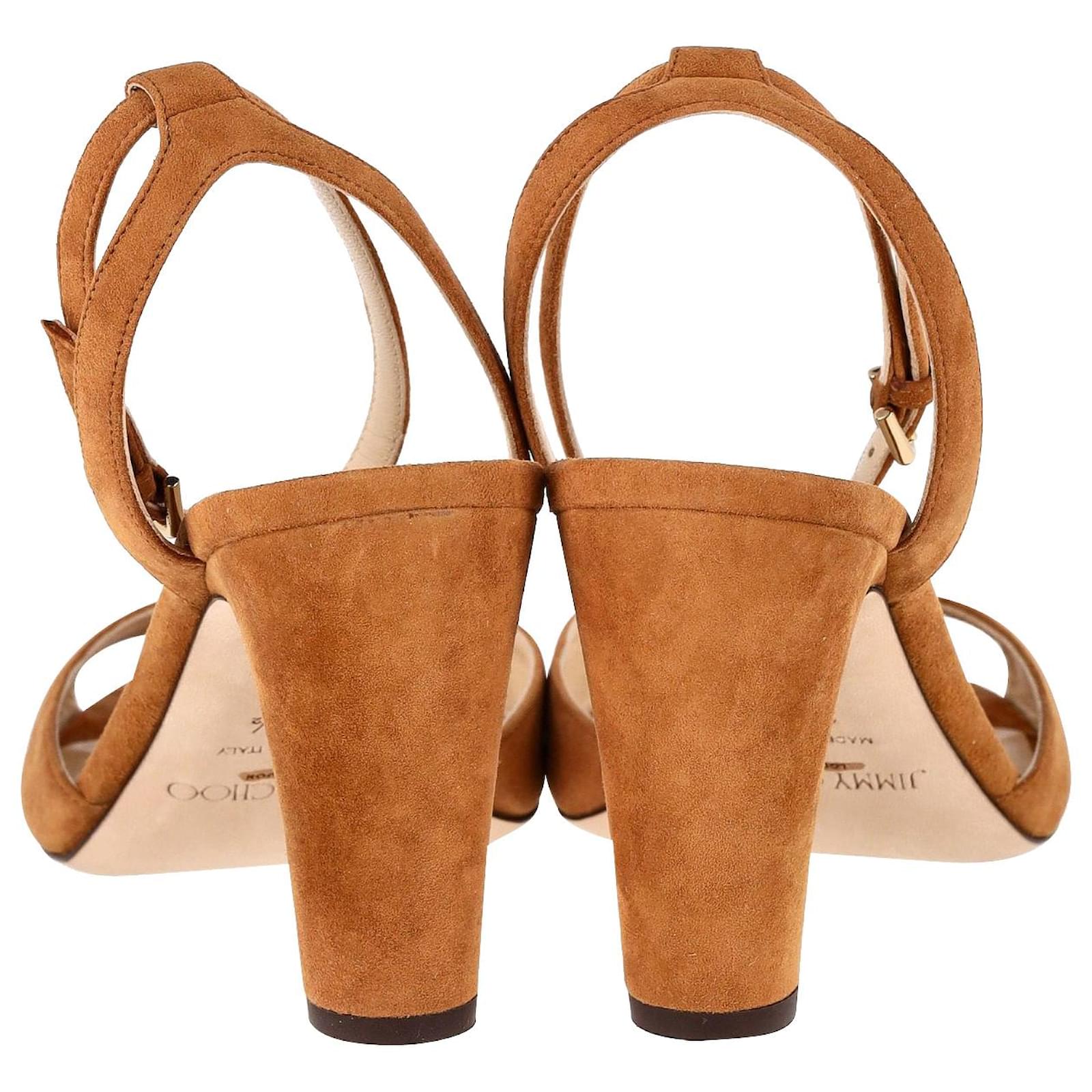 Jimmy Choo Miranda 85 Block Heel Sandals in Tan Suede Brown Beige