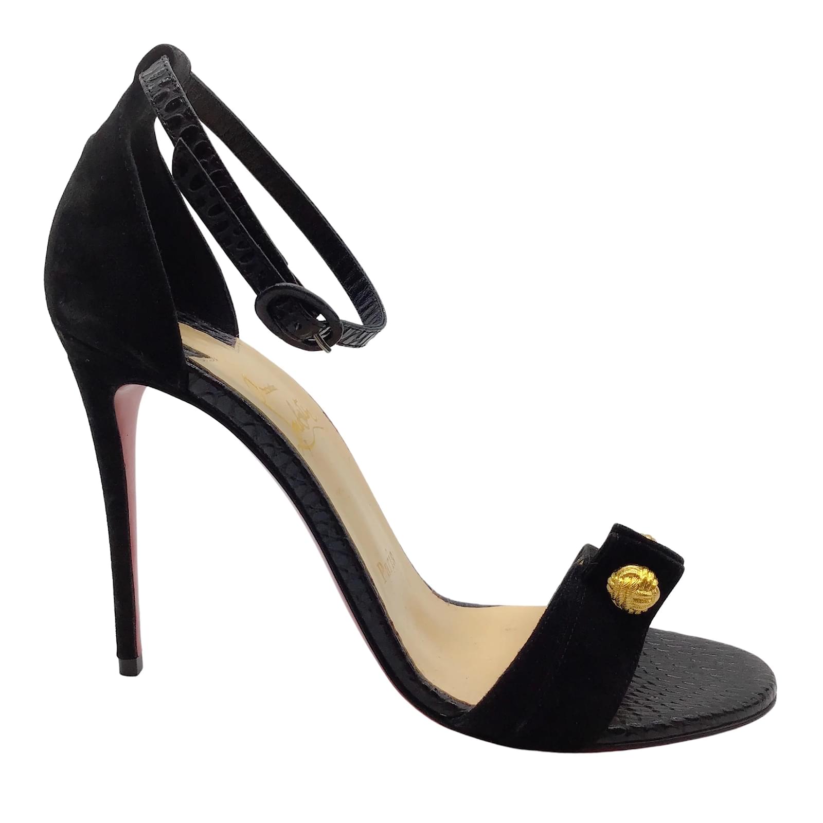 Christian Louboutin Black Suede and Snake Sandals with Gold