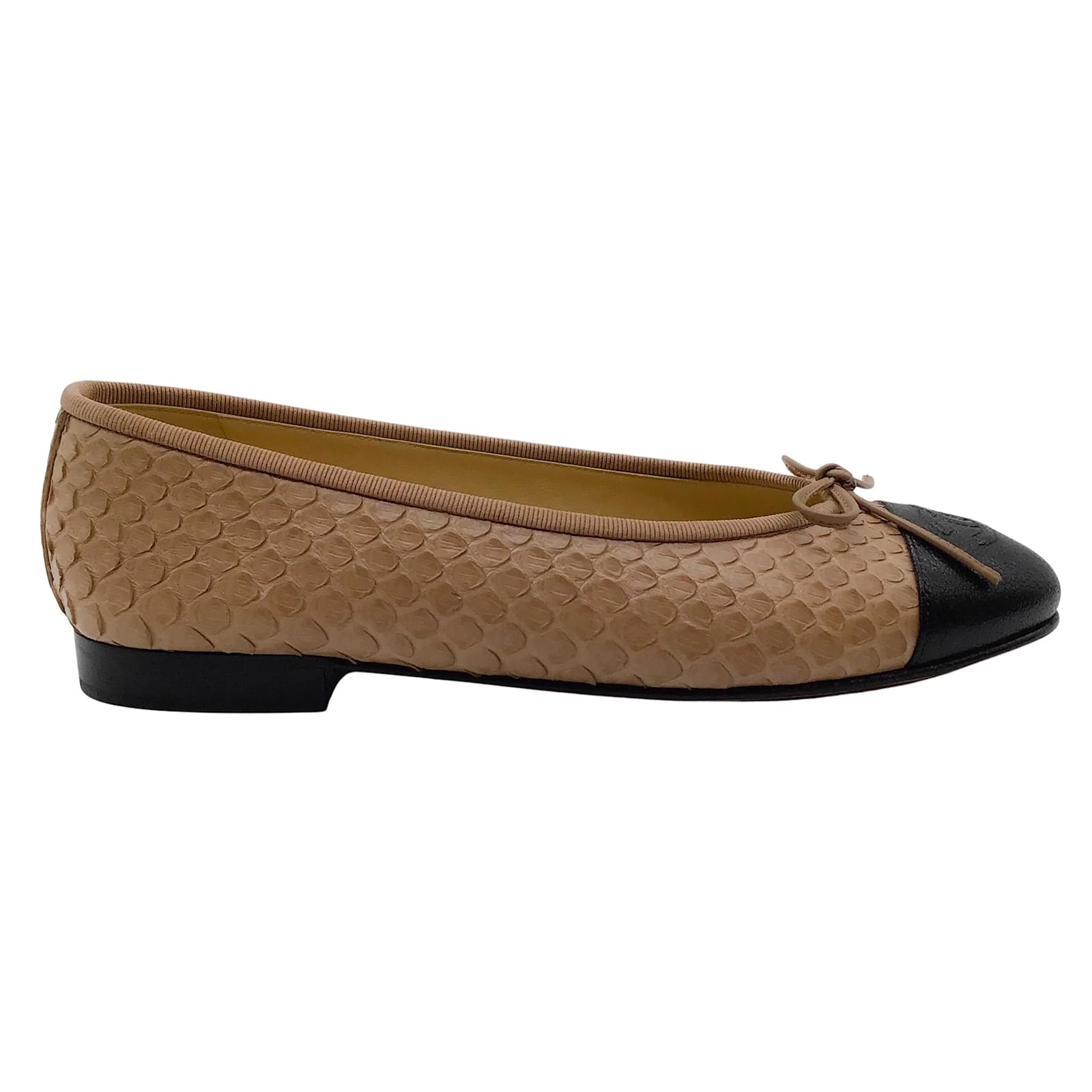 Chanel Beige Python Flats with Black Leather Cap Toe Exotic leather ref ...