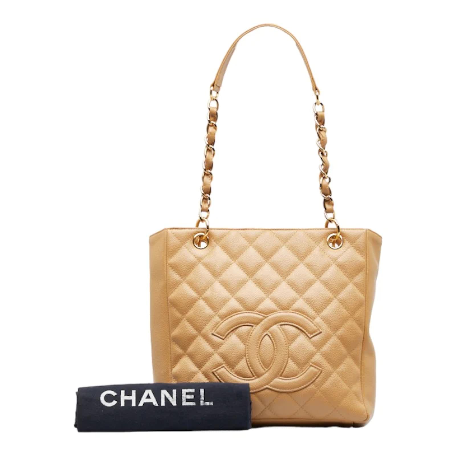 Chanel CC Quilted Caviar Petite Shopping Tote Beige Pony-style