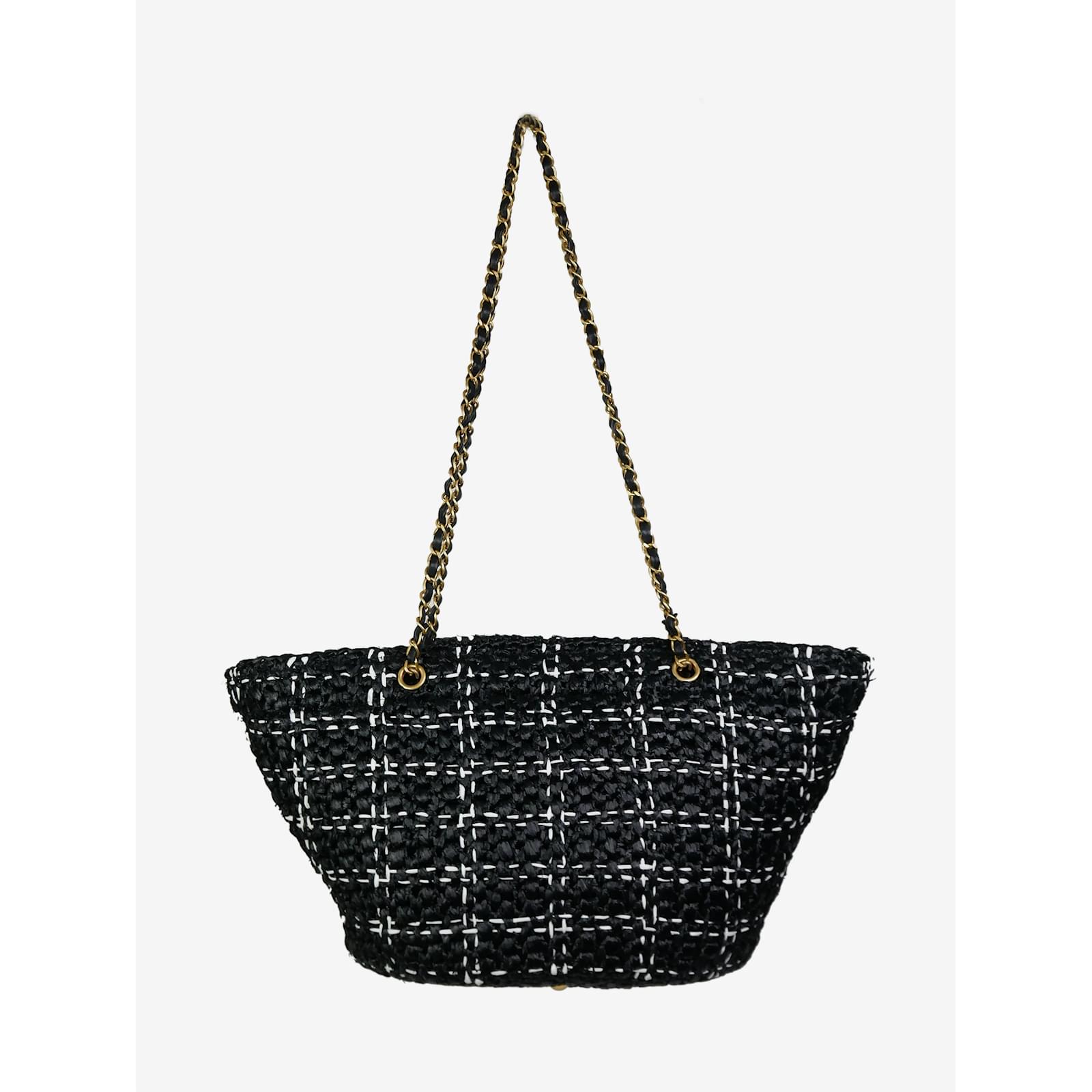 Black raffia effect braided tweed shopping bag