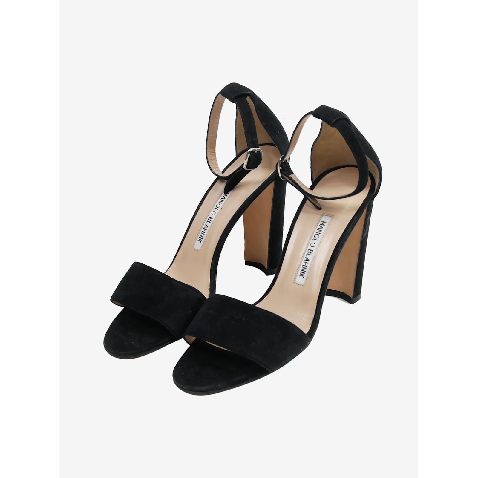 Manolo Blahnik Black suede sandal heels with round open toe and