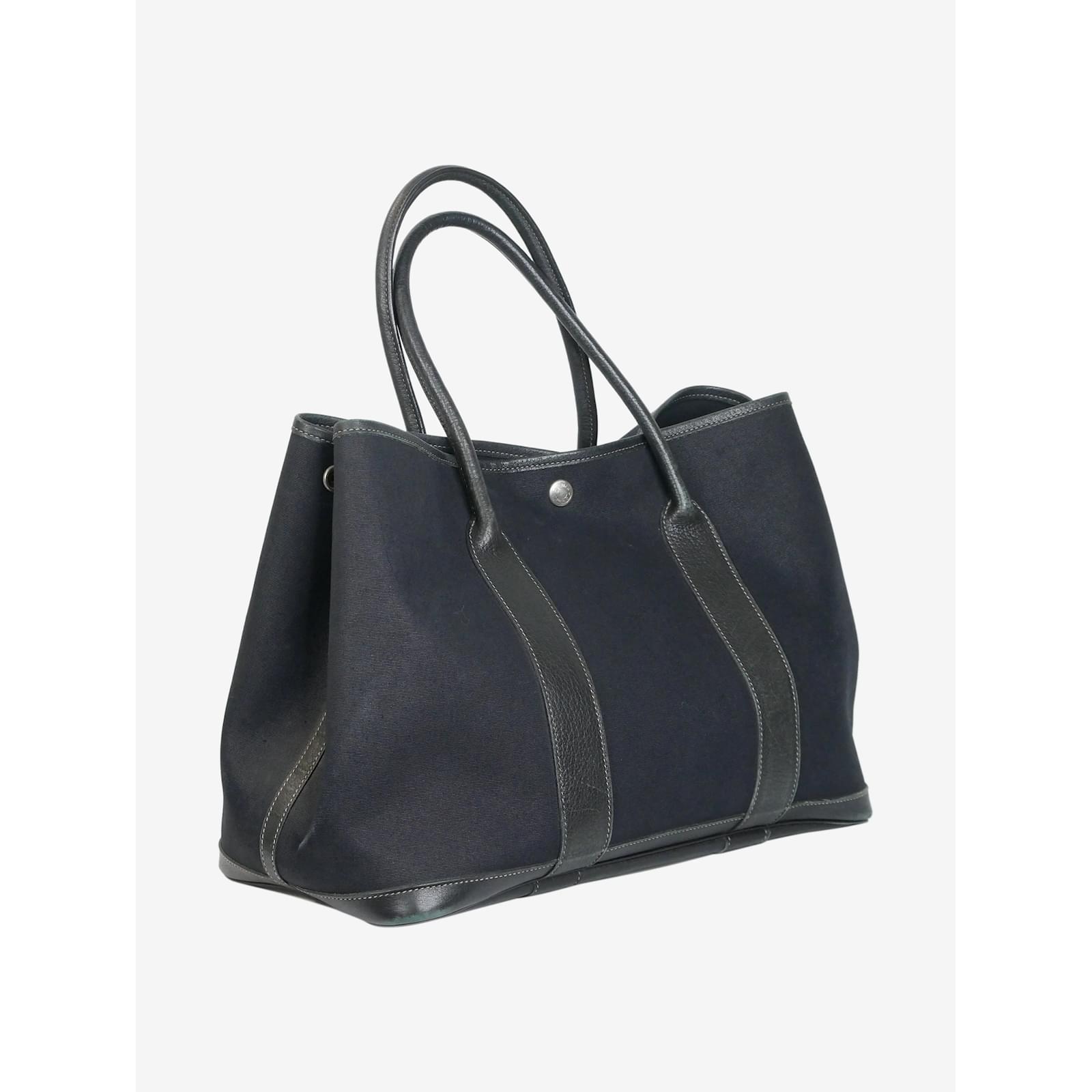 Hermes Hermes Garden Party MM Black Leather Gray Canvas Tote