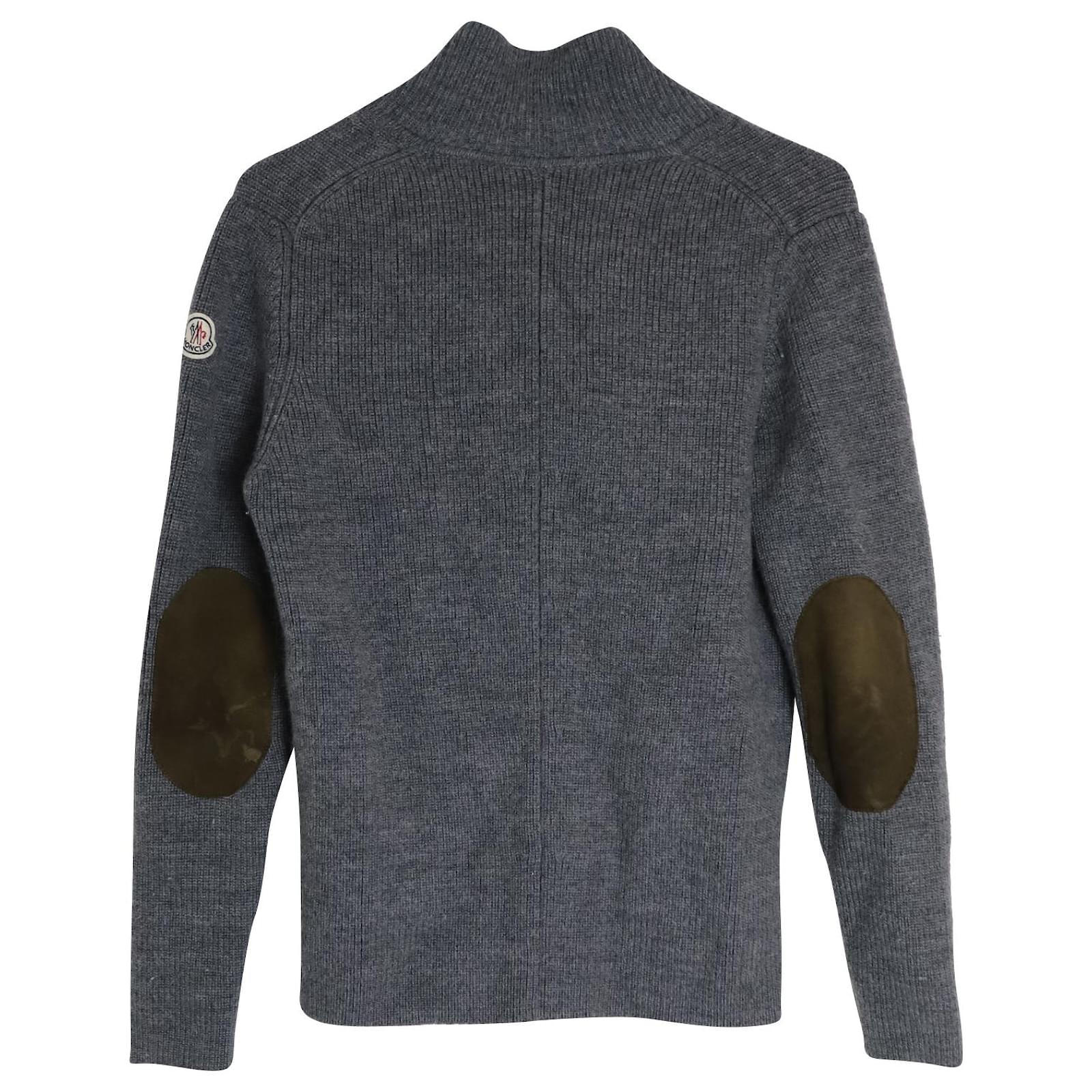 Cardigan Moncler con toppa sul gomito in lana vergine grigia Grigio  ref.989511 - Joli Closet