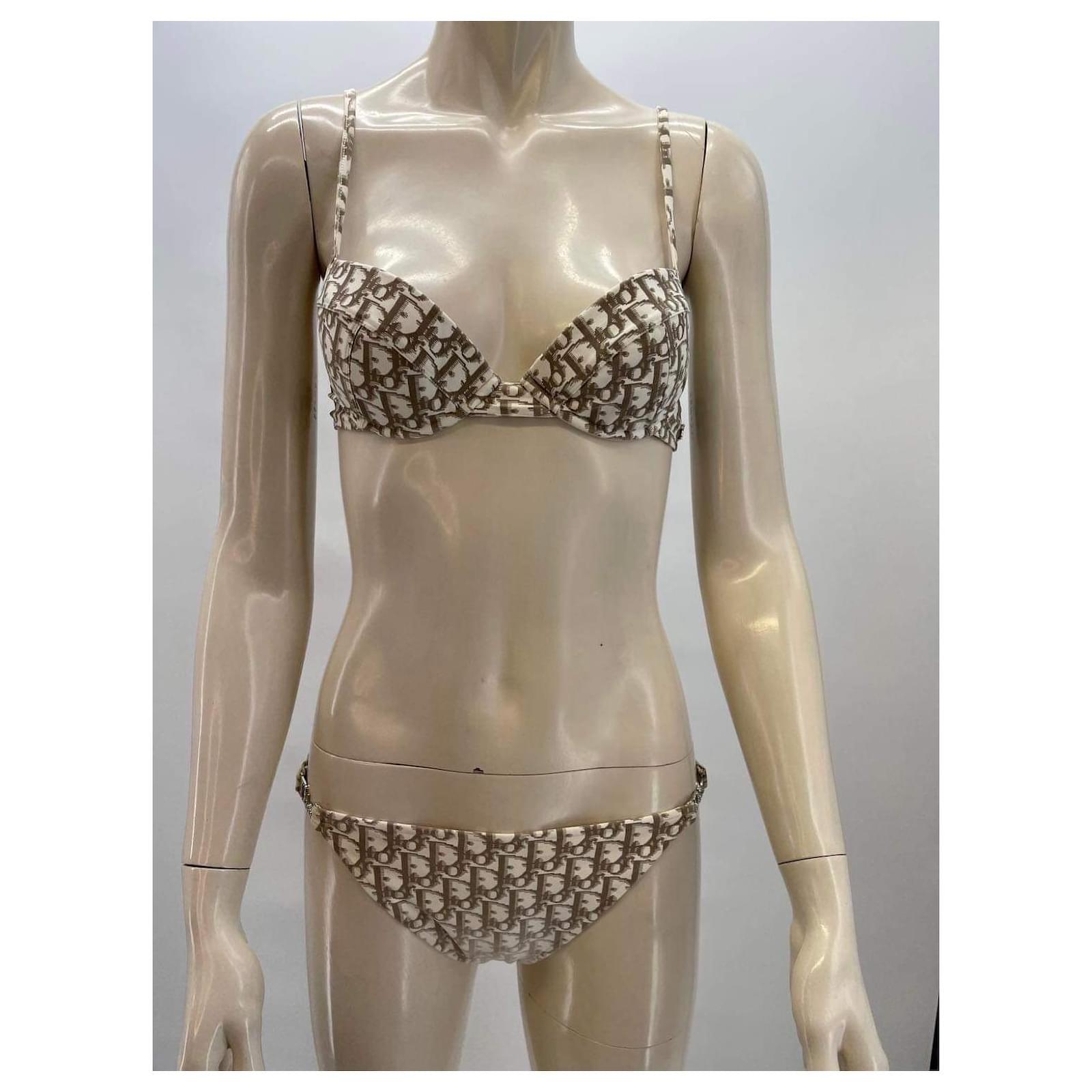 Christian Dior, bikini monogram logo, Two pieces Brown White Beige