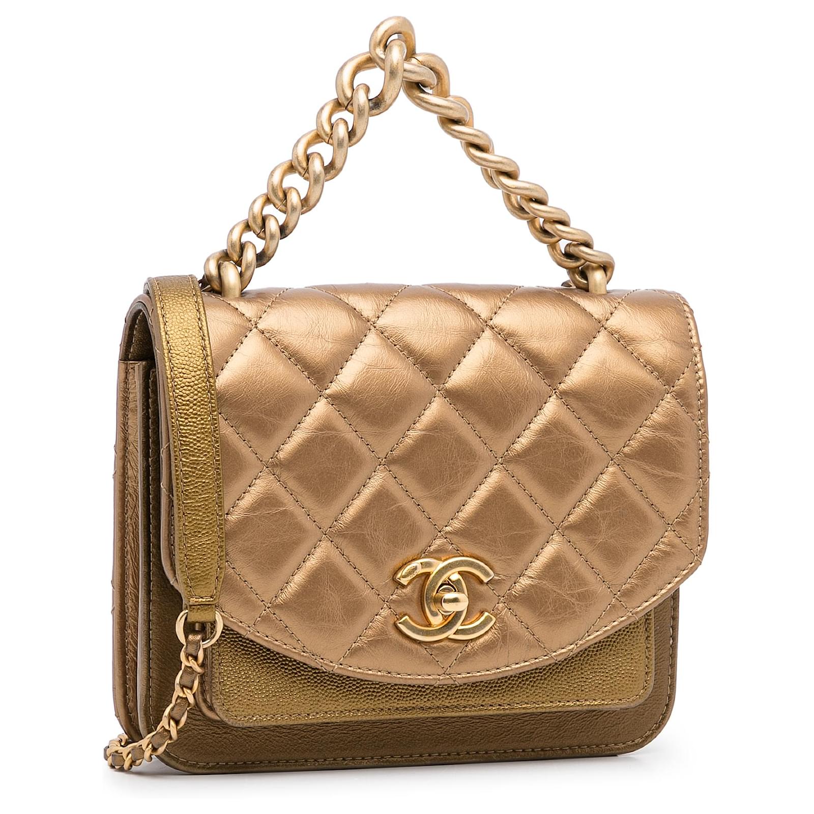 Chanel Gold Mini Chain Handle Flap Golden Leather ref.991317