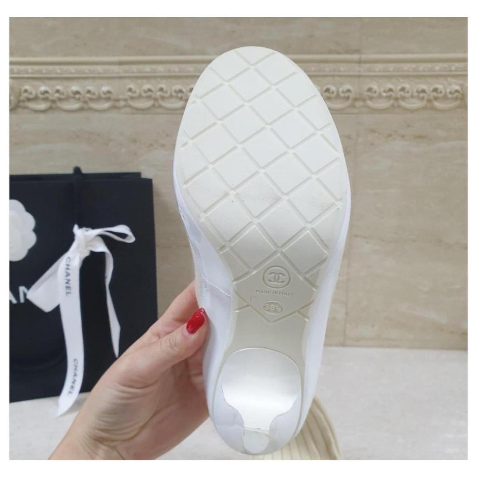 CHANEL Paris Dubai White Patent Leather Knitted Pumps Heels
