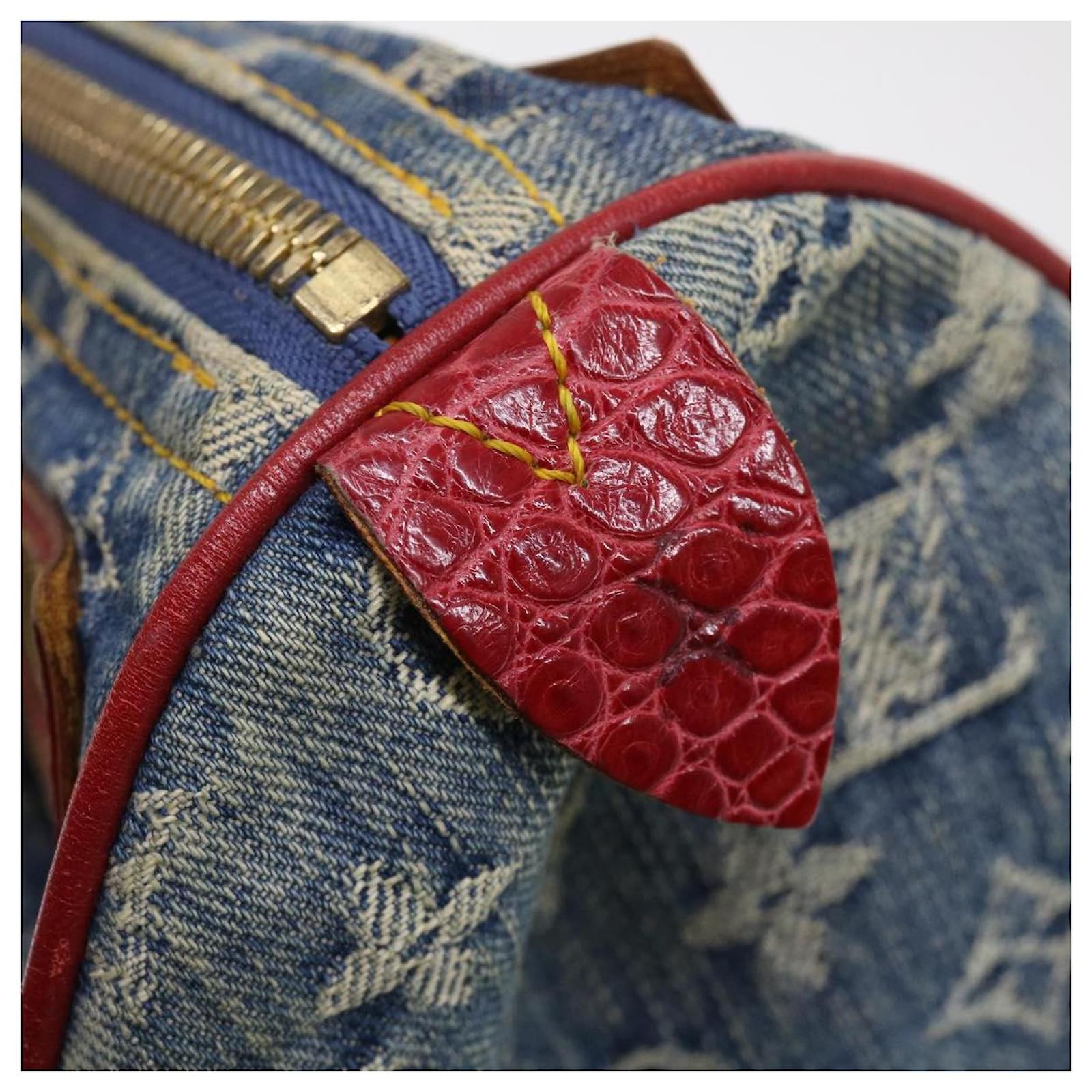 Louis Vuitton Blue Denim Handbag Red Leather Straps