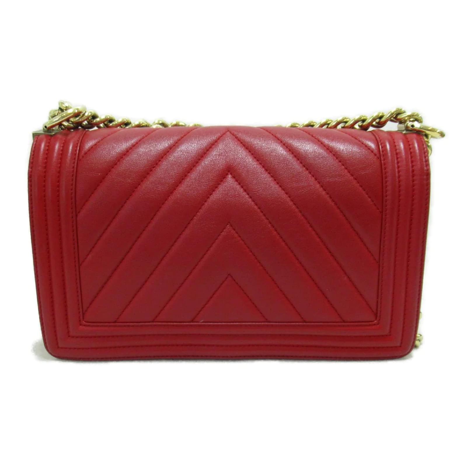 Chanel CC Chevron Le Boy Flap Bag Red Leather Lambskin ref.997465