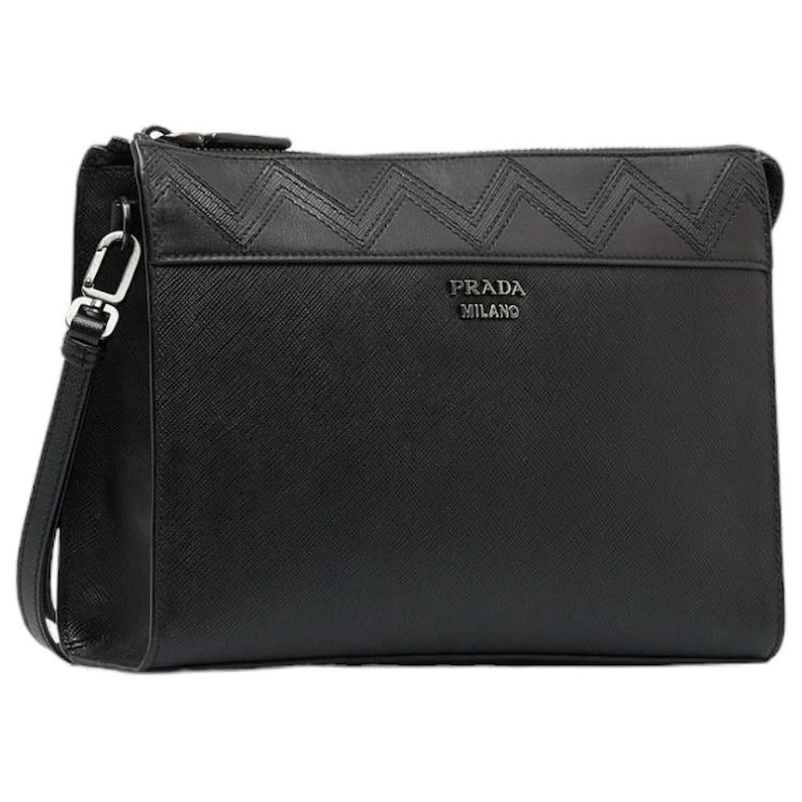 Prada Saffiano Leather Clutch Bag Black Pony-style calfskin