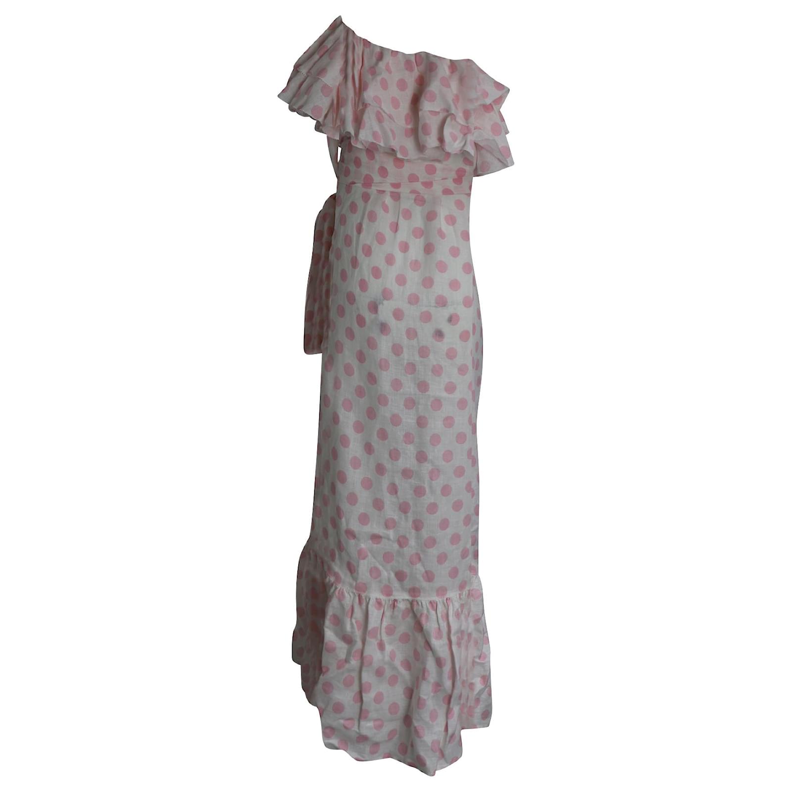 Lisa Marie Fernandez Sabine Strapless Polka Dot Maxi Dress In Pink Linen ref.1013947 Joli Closet