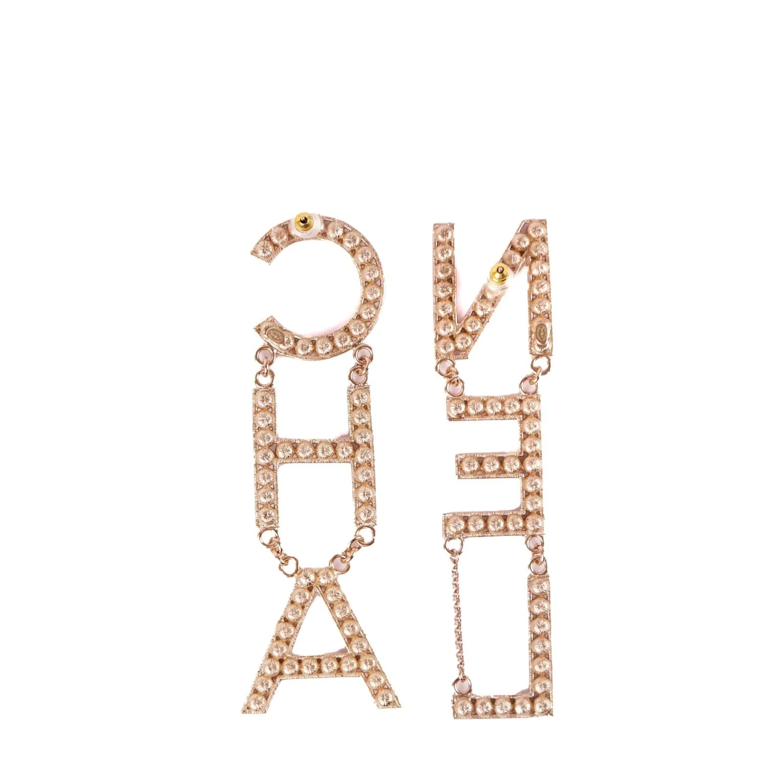 CHANEL Crystal Cha-Nel Logo Drop Earrings Gold | FASHIONPHILE | Gold drop  earrings, Statement drop earrings, Gold earrings
