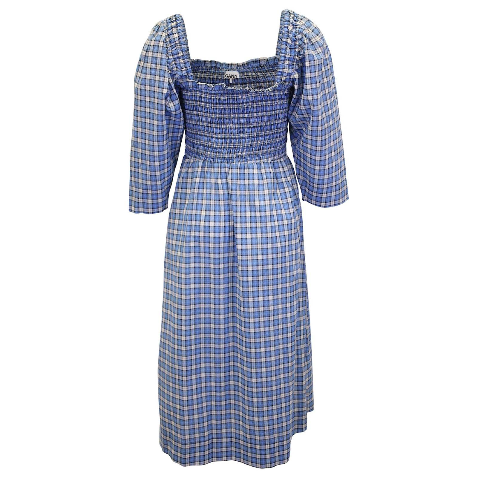 Ganni Shirred Checked Print Midi Dress in Blue Cotton ref.JC1018130 (Sold) - Joli Closet Ganni Shirred Checked Print Midi Dress in Blue Cotton ref.JC1018130 (Sold) - Joli Closet