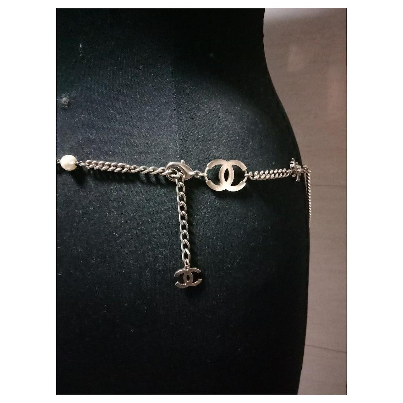 CC 04A Pearl Crystal Logo Vintage Long Necklace Belt Chain