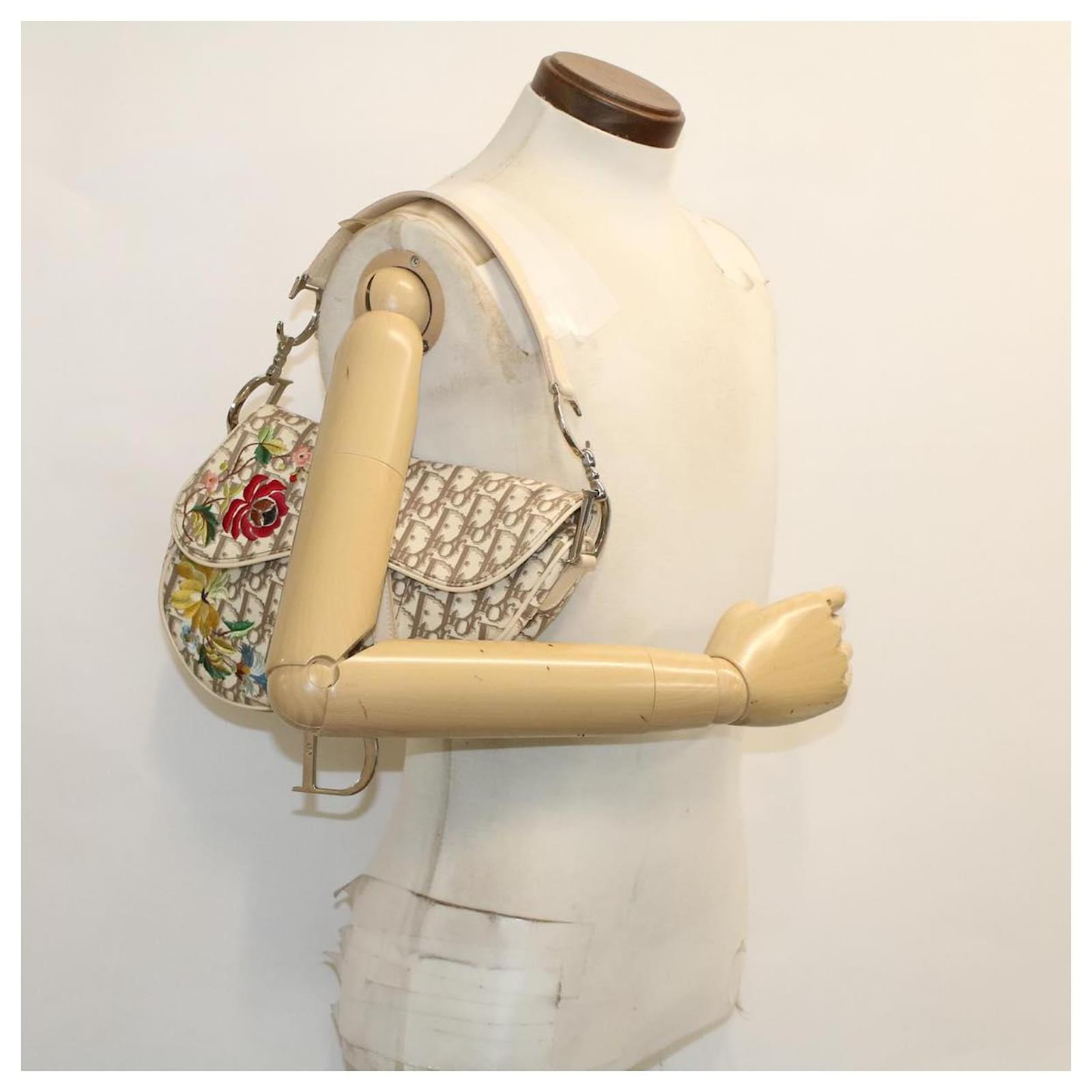 Christian Dior Trotter Canvas Saddle Embroidery Shoulder Bag Beige