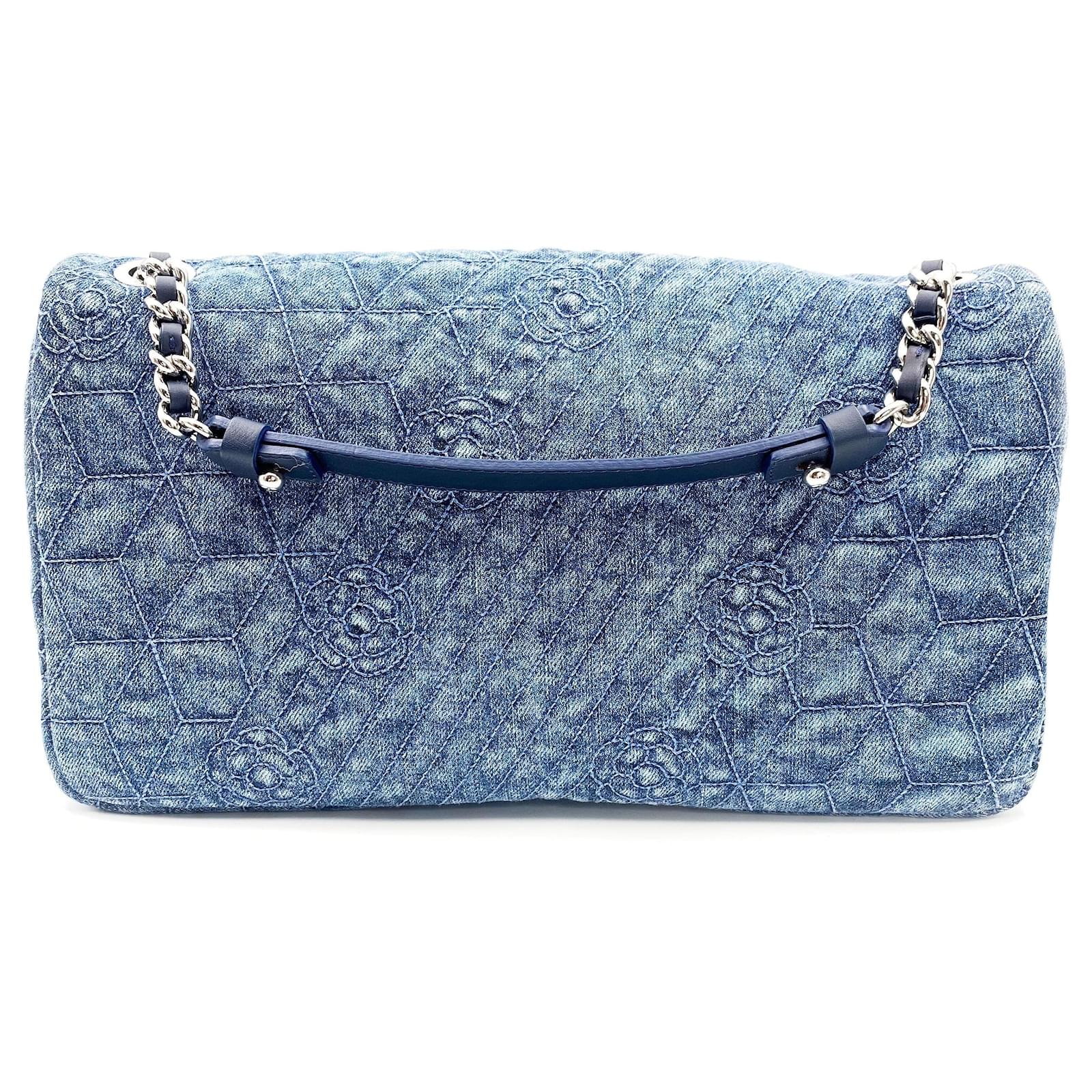 Chanel Blue Camellia Embroidered Distressed Denim Flap Bag ref