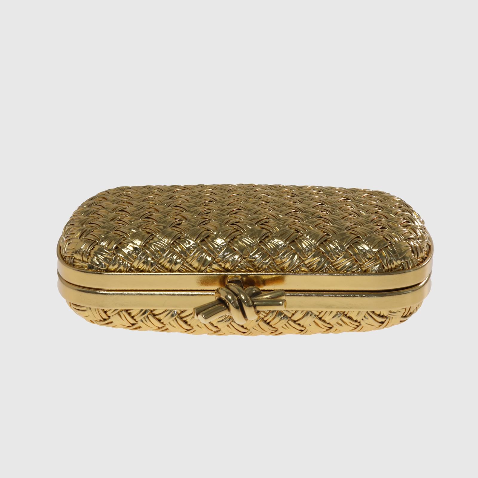 Clutch Bags Bottega Veneta Metallic Gold Knot Minaudiere Pressed Intreccio Laminated Clutch