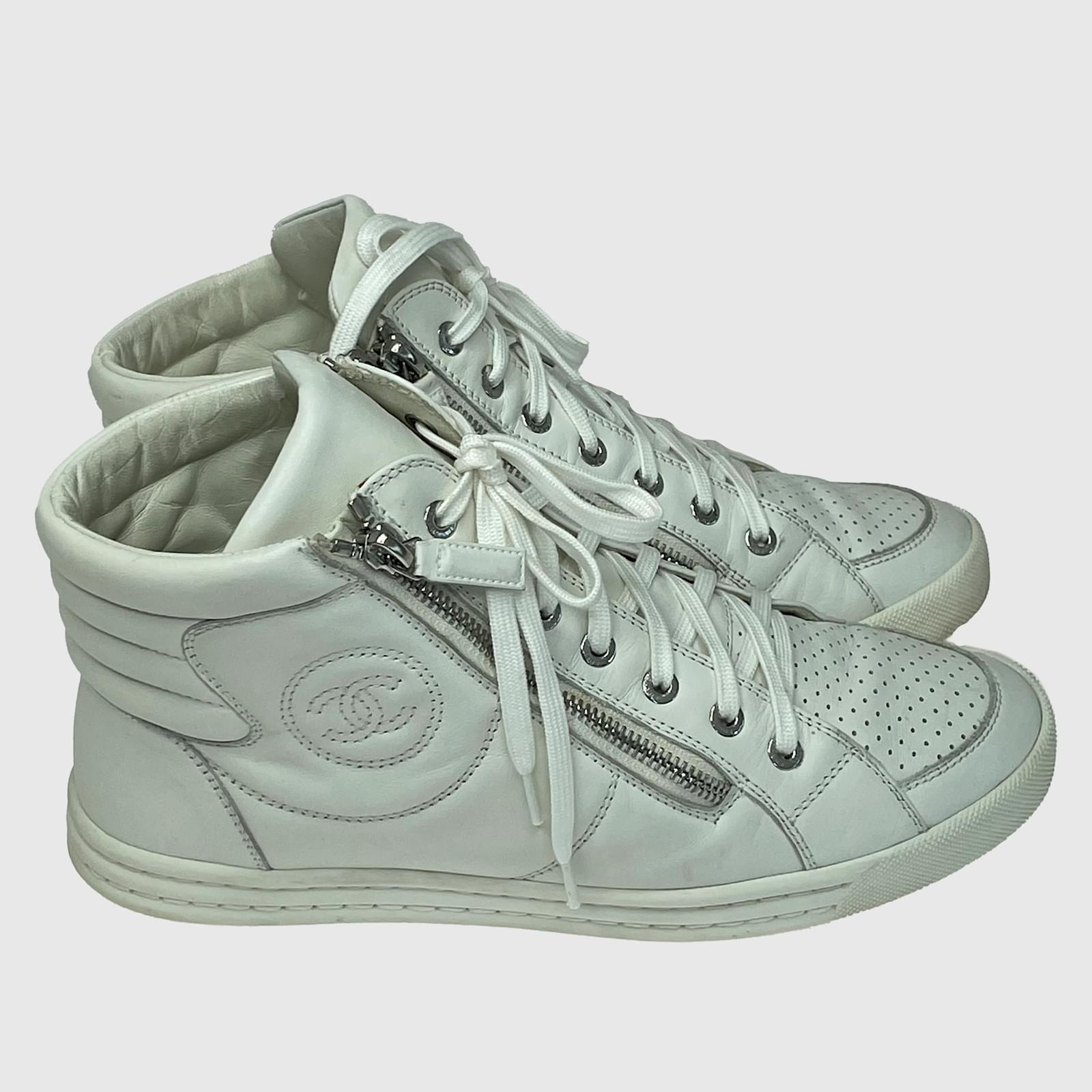 Chanel White Leather CC High Top Sneakers Joli Closet