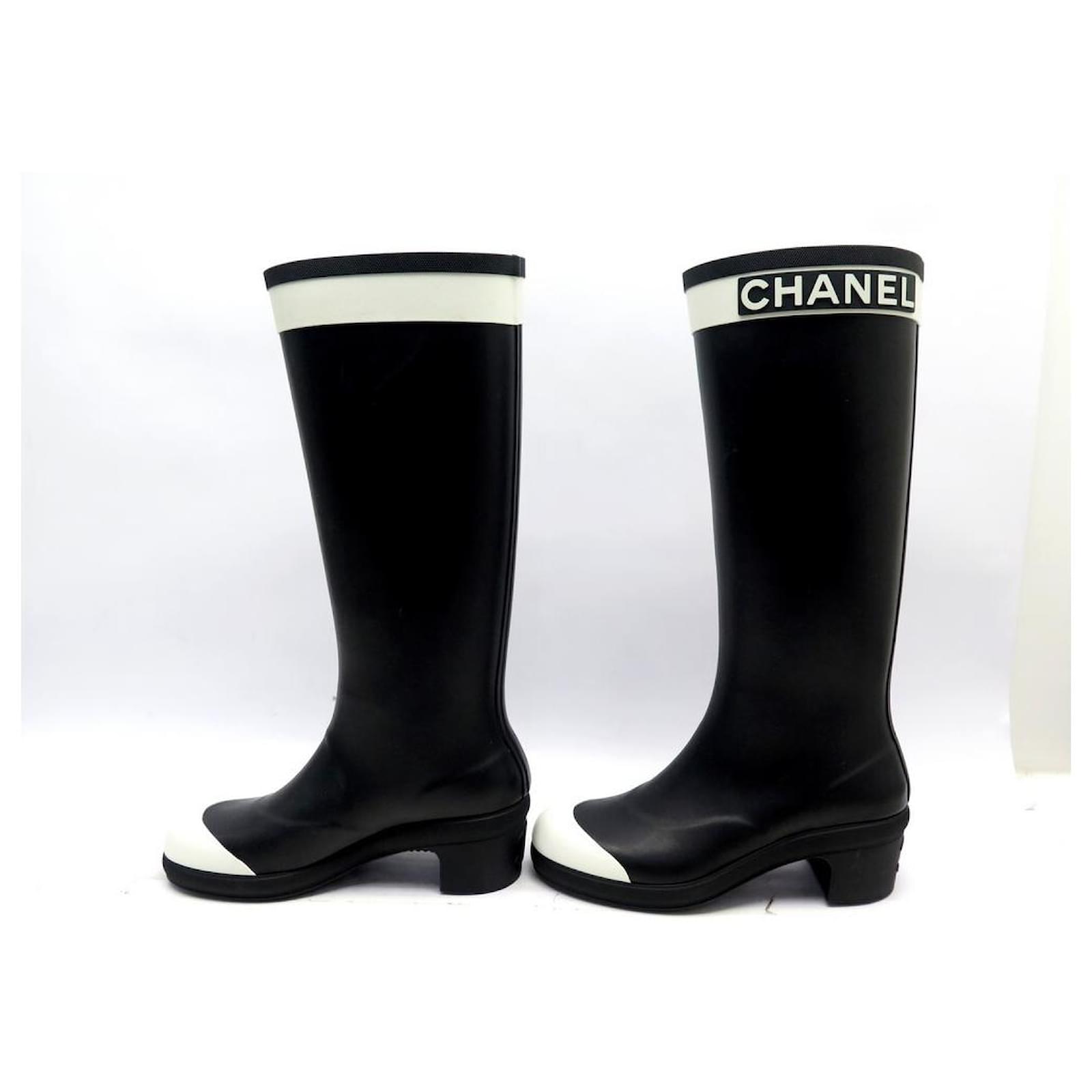CHANEL CHANEL rain boots G34076 rubber Black White Used Women logo CC Coco  G34076