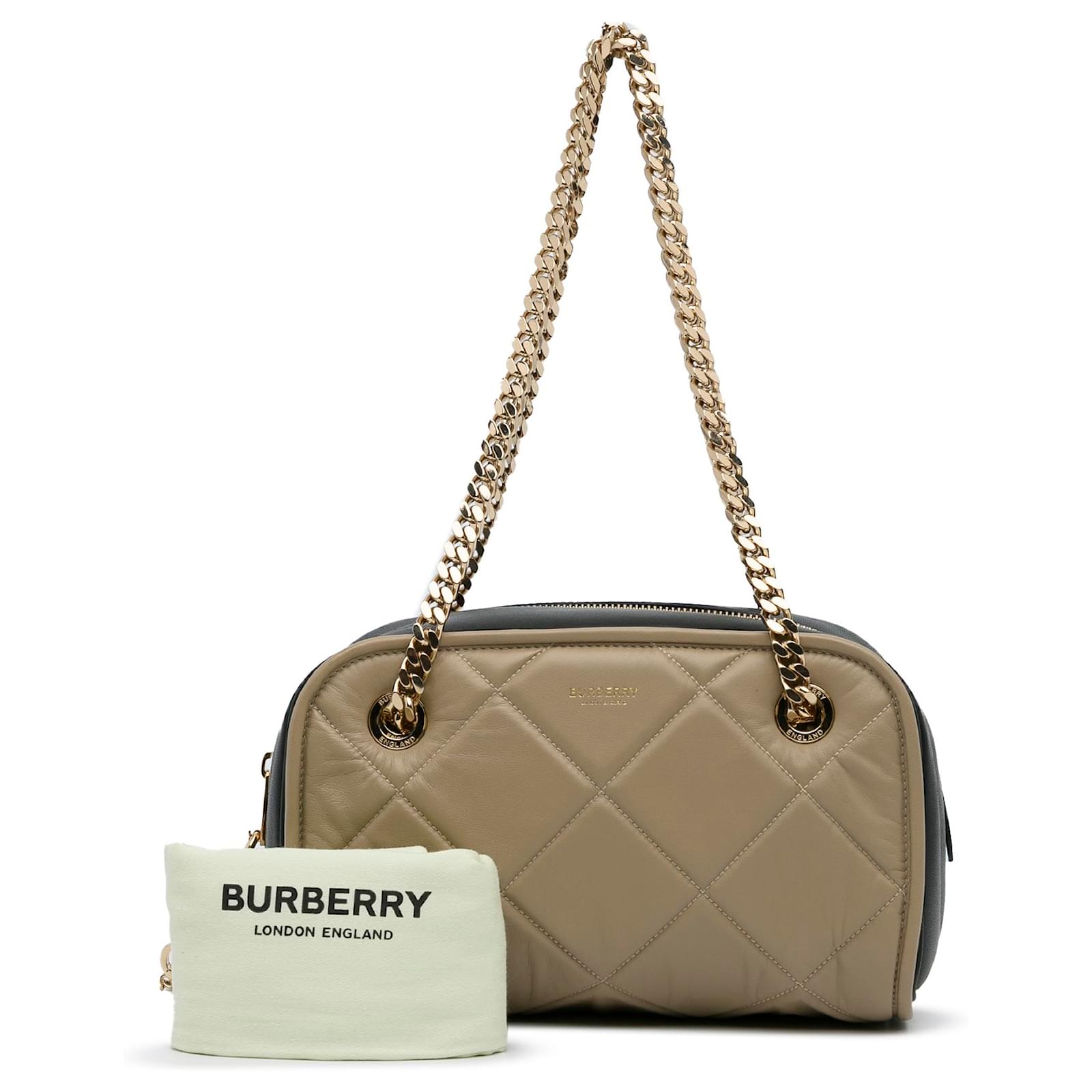 Burberry Brown Quilted Cube Chain Shoulder Bag Taupe Leather Pony