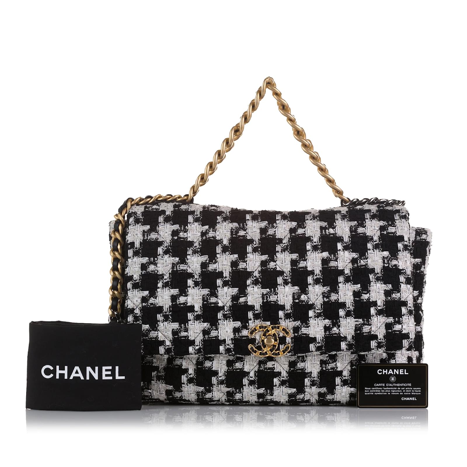 CHANEL Tweed Quilted Large Chanel 19 Flap Black Silver Ecru